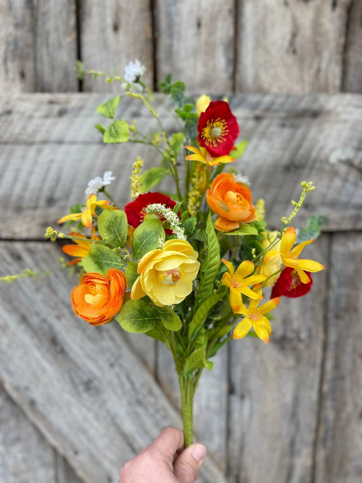 18" Yellow Red Ranunculus Poppy Bush, Spring Bush, Bright Floral Bush