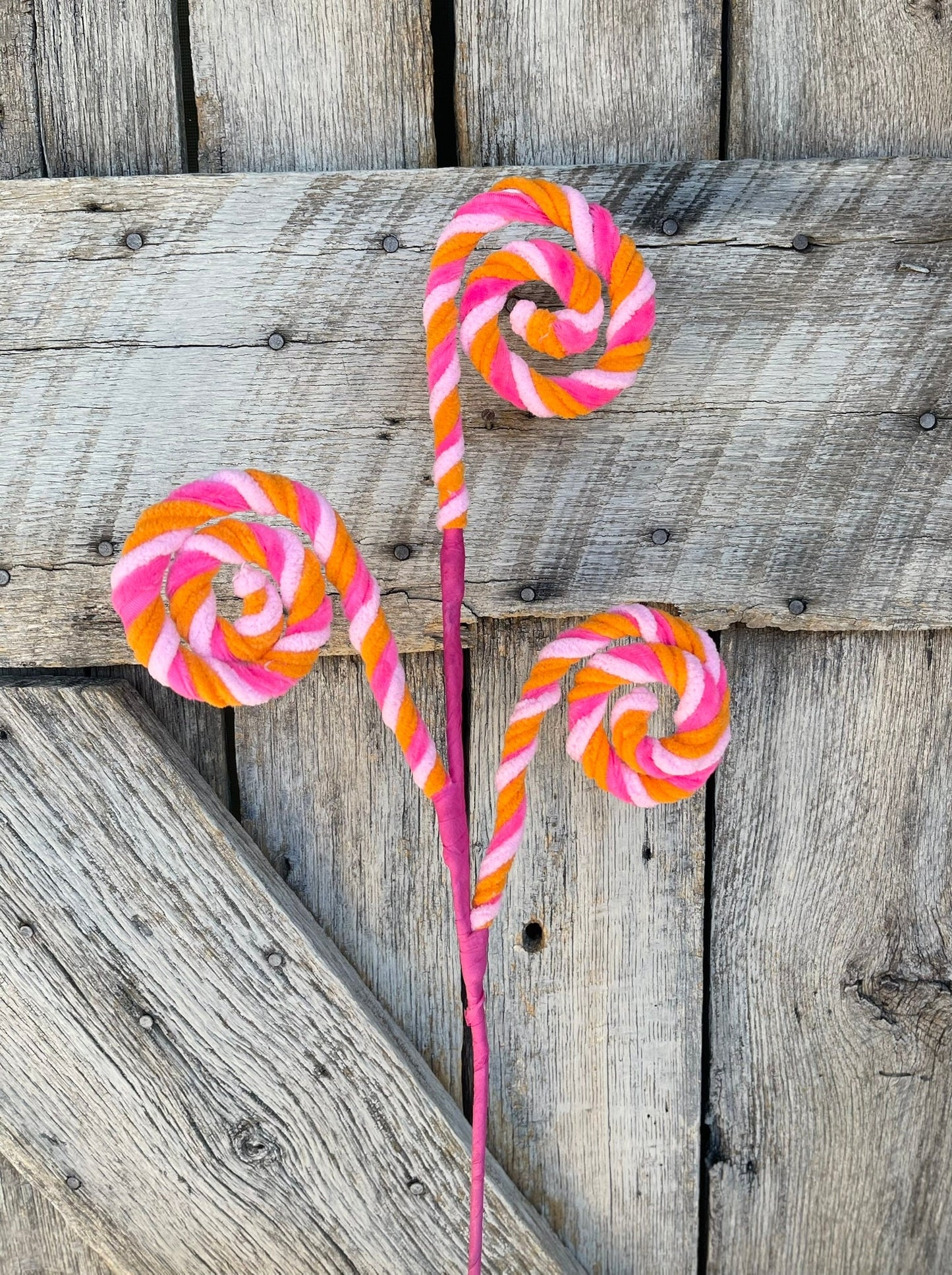 20" Pink Orange Stripe Spiral Curly Spray, Easter Decor, Wreath Spray
