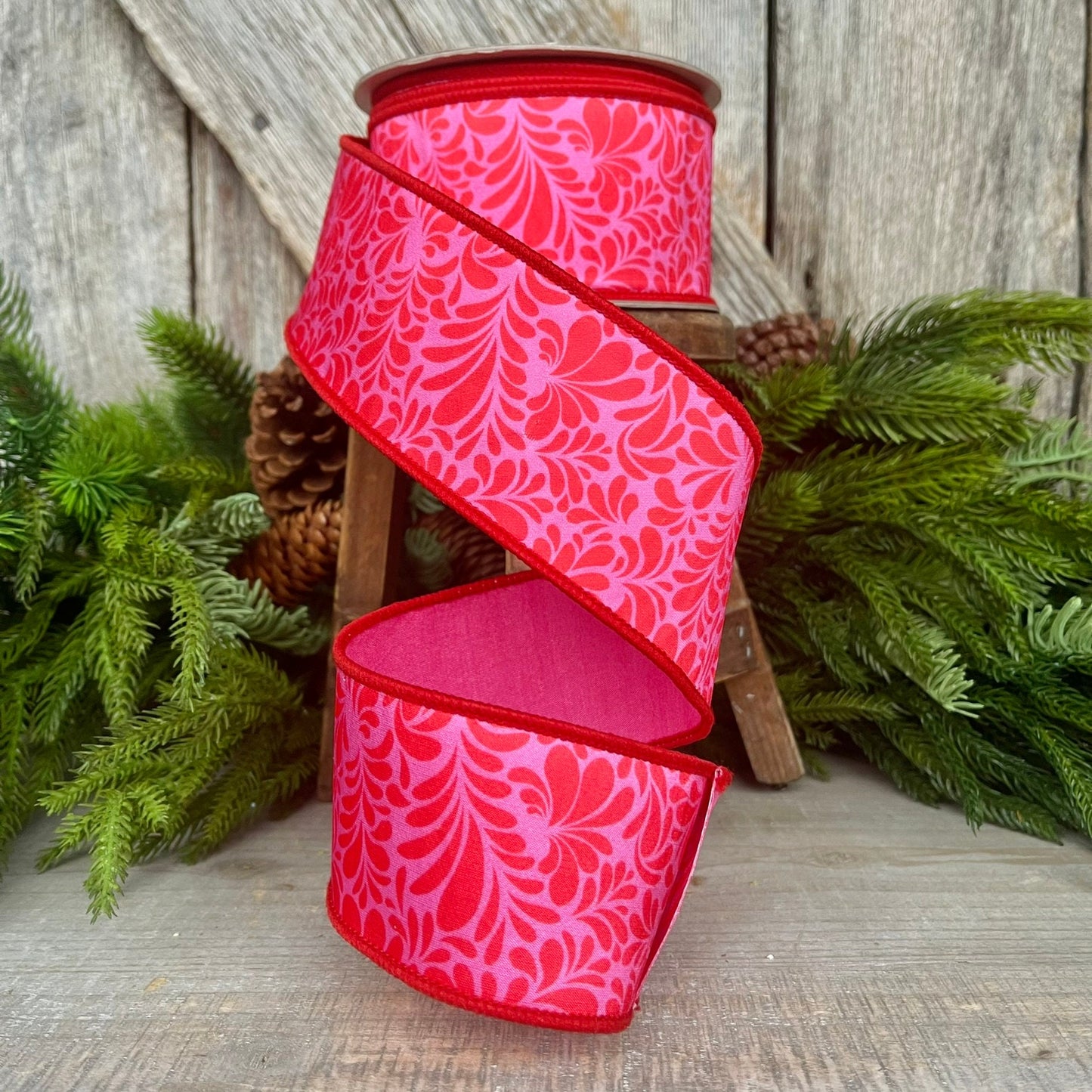 2.5" Red Pink Mod Paisley Ribbon, Farrisilk Ribbon, Spring Ribbon