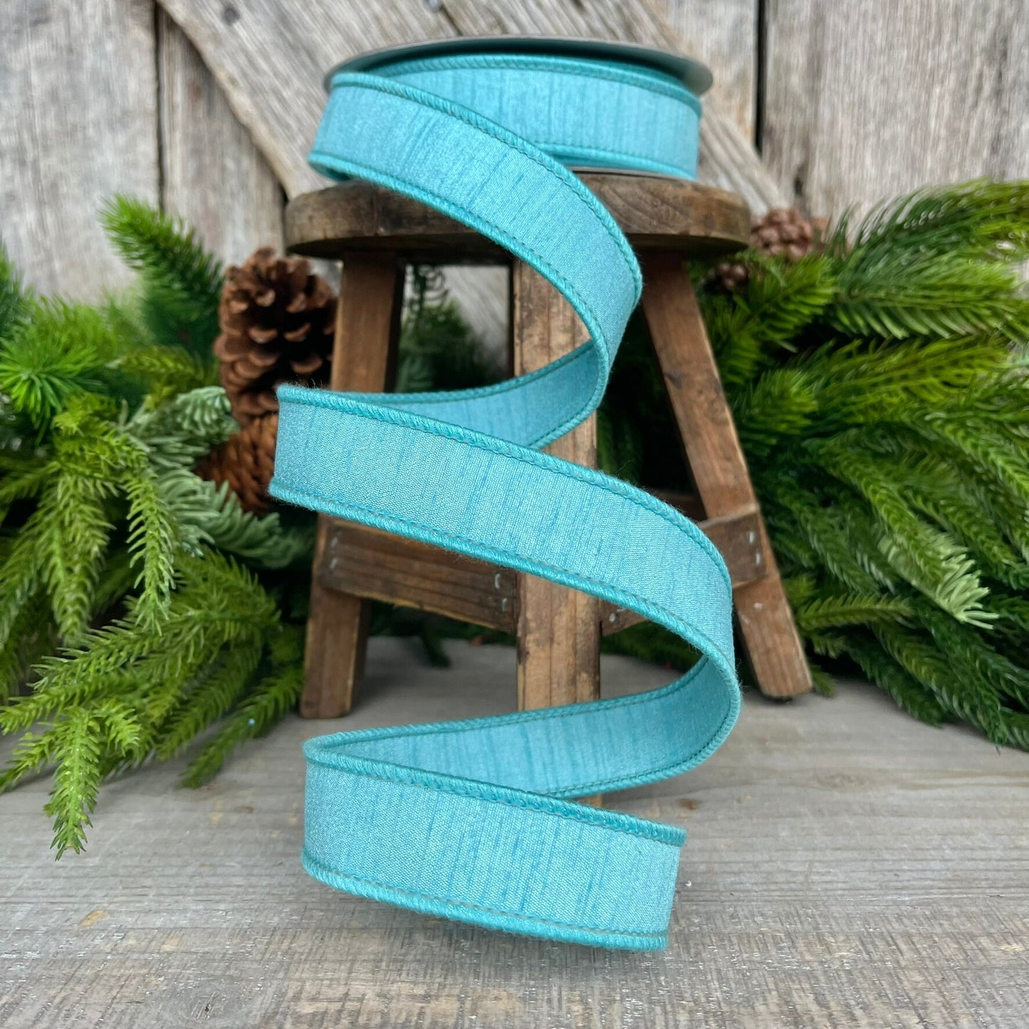 1” Light Blue Dupion Ribbon, Farrisilk ribbon, wired ribbon