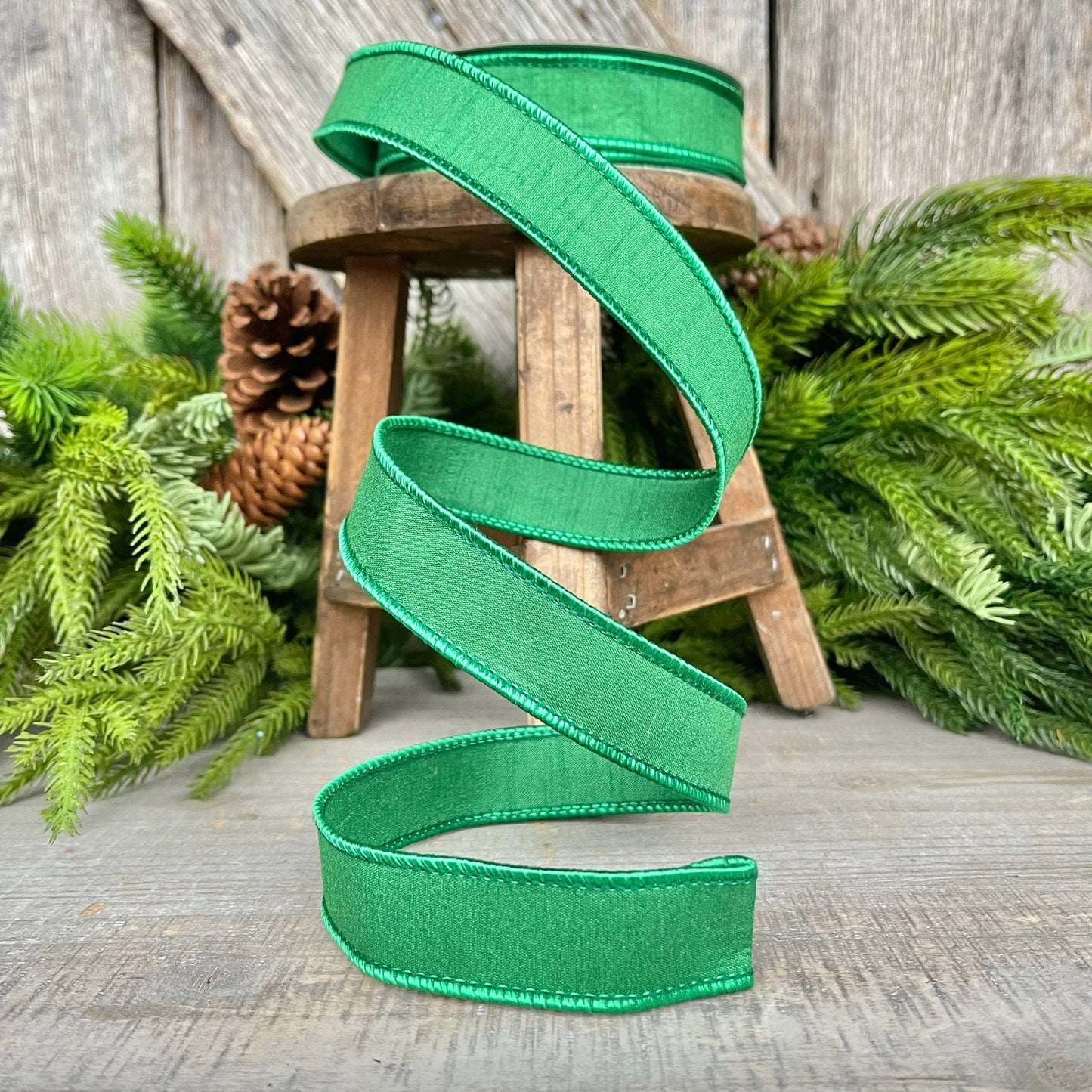 1" Emerald Green Dupion Ribbon, Farrisilk Ribbon, Wired Ribbon
