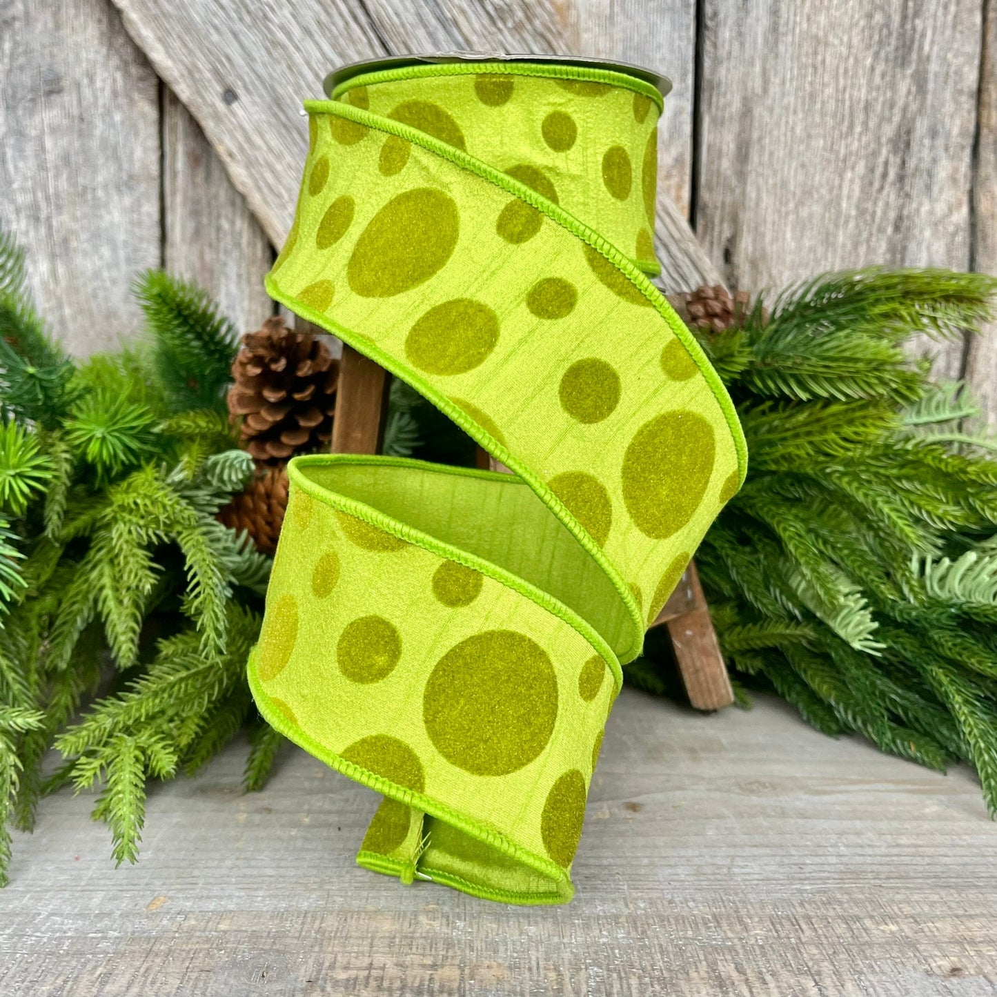 2.5" Lime Green Retro Dot, Farrisilk Ribbon, Flocked Ribbon,Halloween Ribbon,Wired RIbbon,Designer Ribbon
