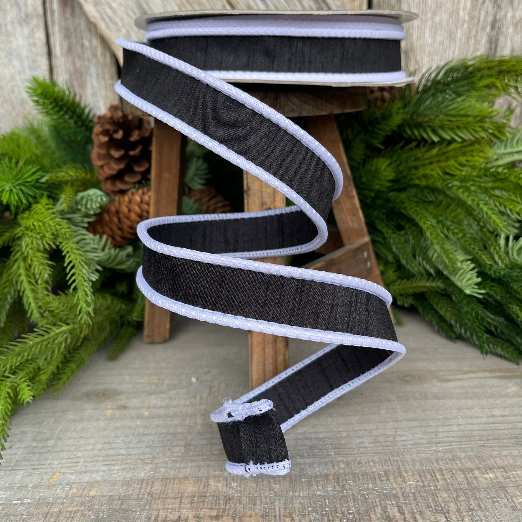 1" Black White Corded Ribbon, Farrisilk Ribbon, Wired Ribbon