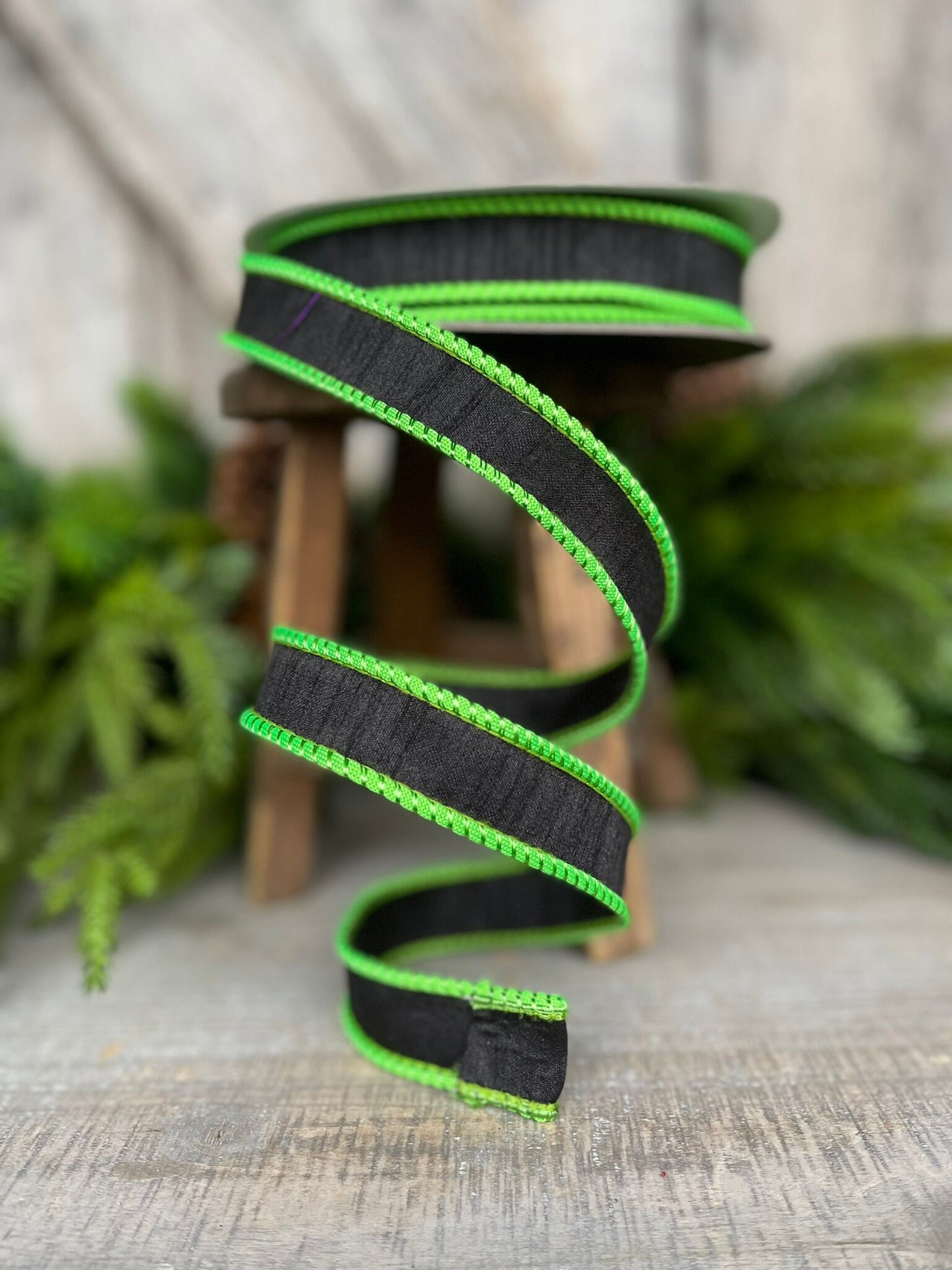 1" Black Lime Green Corded Ribbon, Farrisilk Ribbon, Wired Ribbon