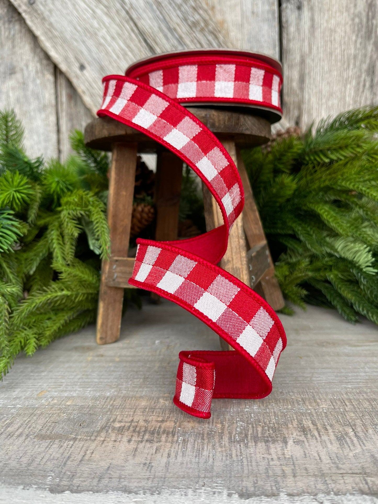 1" Red Checks Stitchery Ribbon, Farrisilk Ribbon, Red White Ribbon