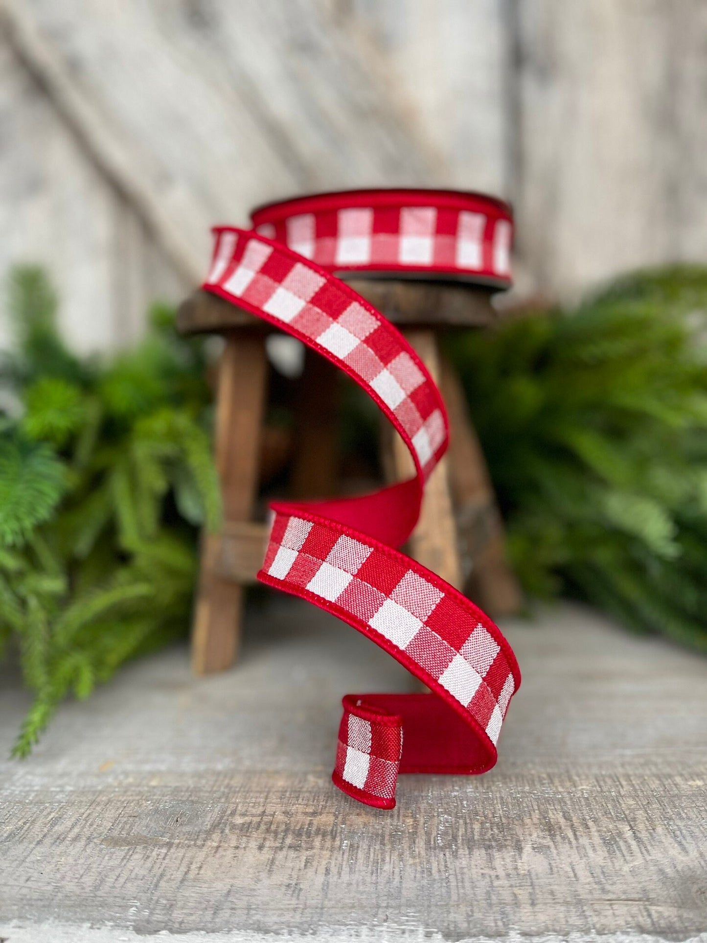1" Red Checks Stitchery Ribbon, Farrisilk Ribbon, Red White Ribbon