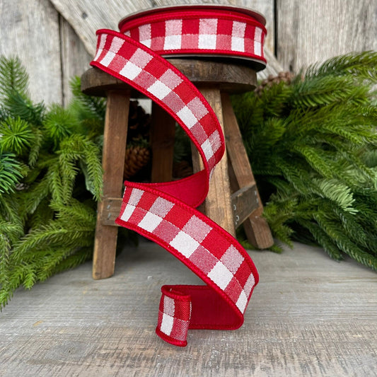 1" Red Checks Stitchery Ribbon, Farrisilk Ribbon, Red White Ribbon