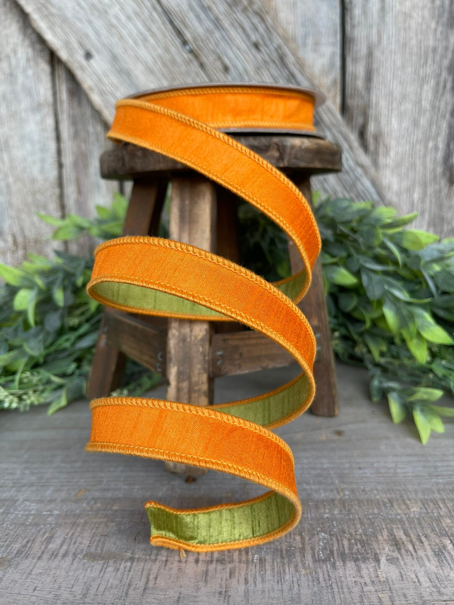 3/4” Orange Green Ribbon, Farrisilk ribbon, wired ribbon