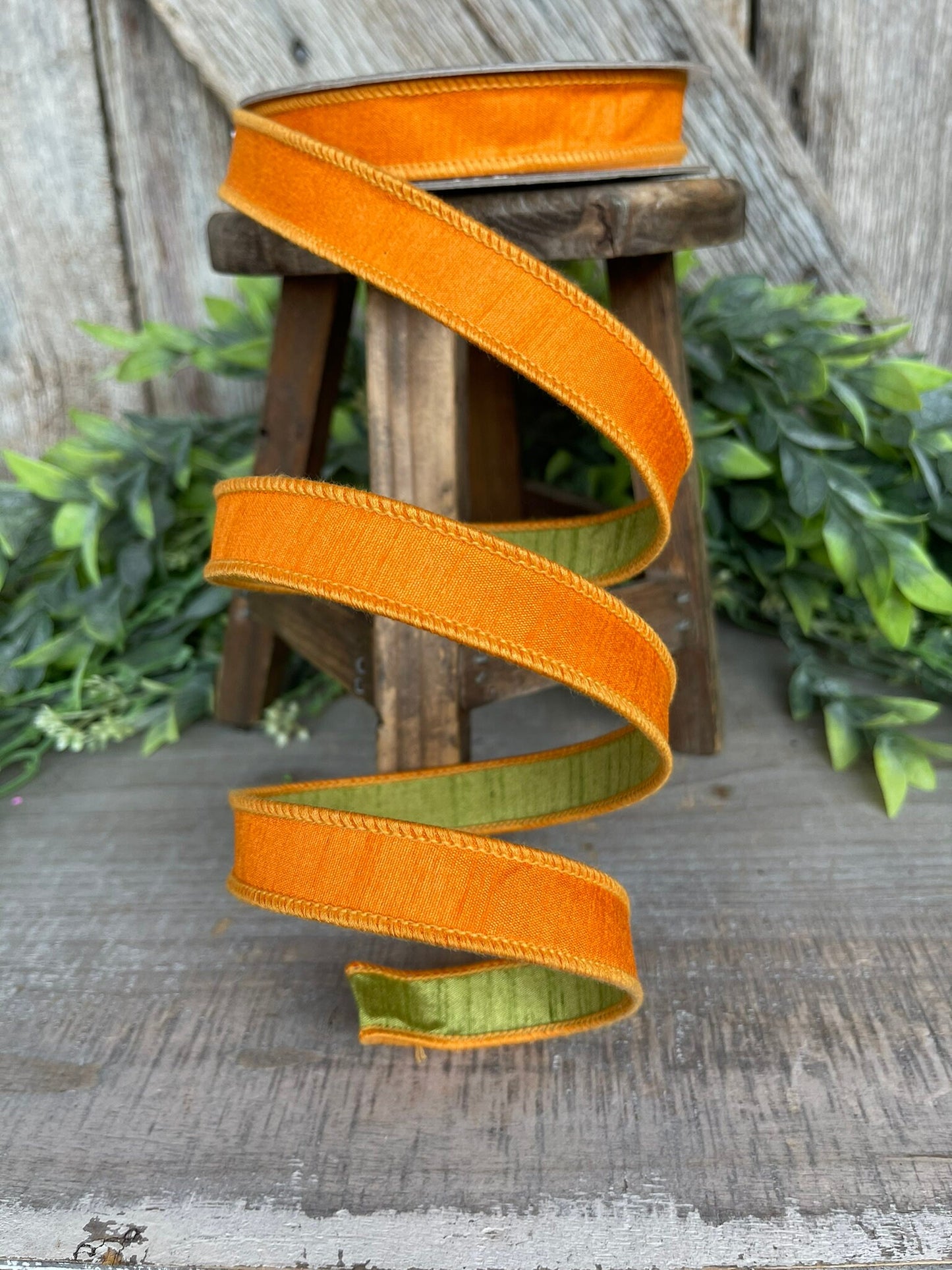 3/4” Orange Green Ribbon, Farrisilk ribbon, wired ribbon