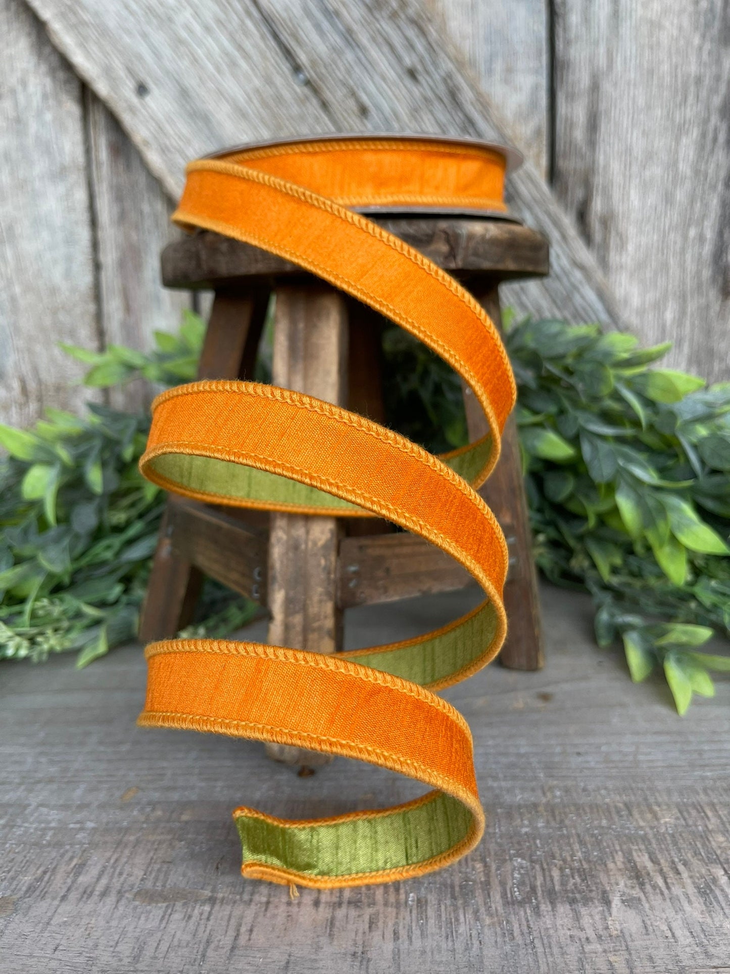 3/4” Orange Green Ribbon, Farrisilk ribbon, wired ribbon