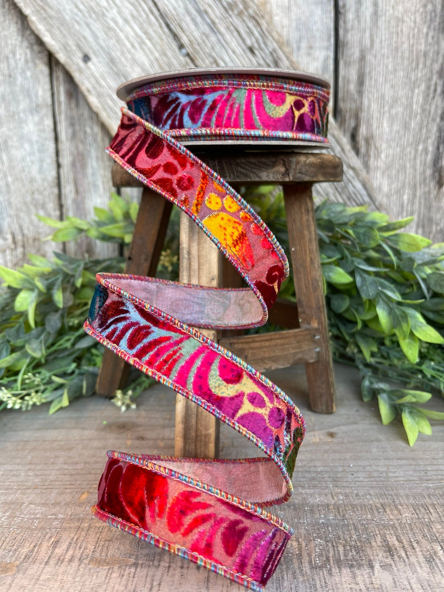 1" Rainbow Velvet Floral Ribbon, Farrisilk Ribbon, Far Out Floral