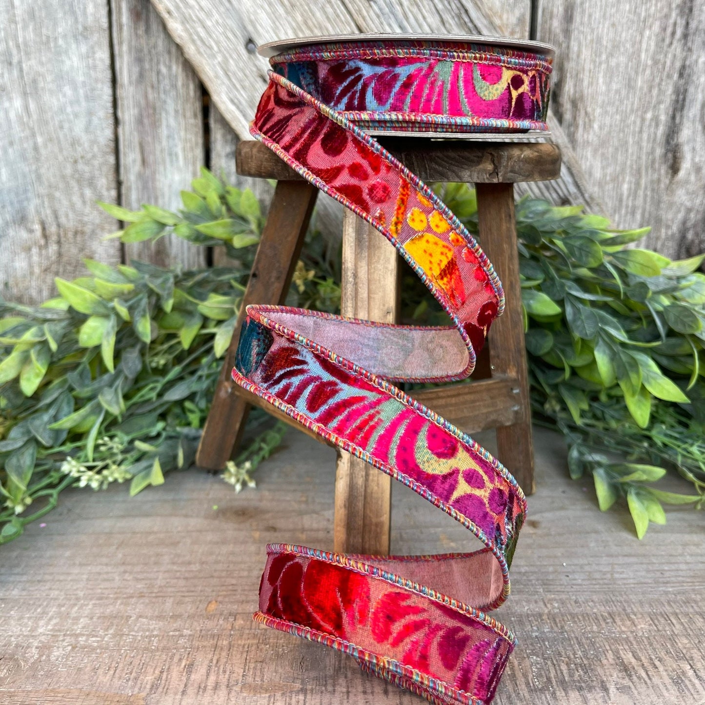 1" Rainbow Velvet Floral Ribbon, Farrisilk Ribbon, Far Out Floral