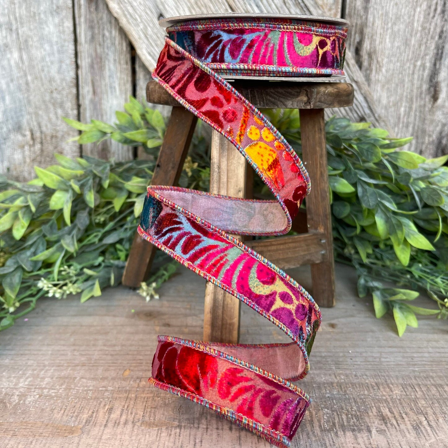 1" Rainbow Velvet Floral Ribbon, Farrisilk Ribbon, Far Out Floral