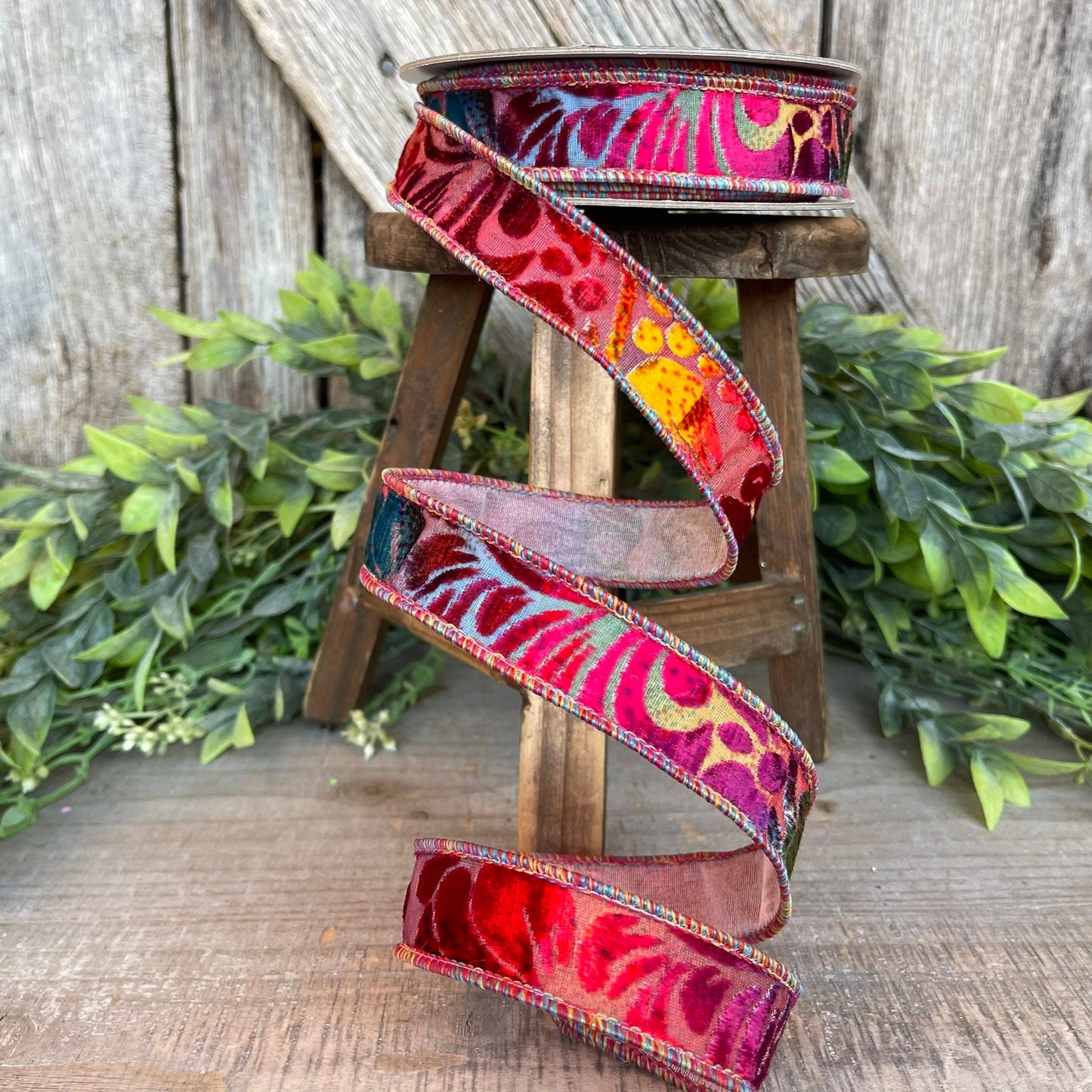 1" Rainbow Velvet Floral Ribbon, Farrisilk Ribbon, Far Out Floral