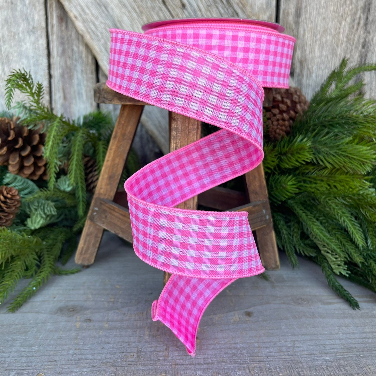 1.5" Bubblegum Pink Gingham Ribbon, Farrisilk Ribbon