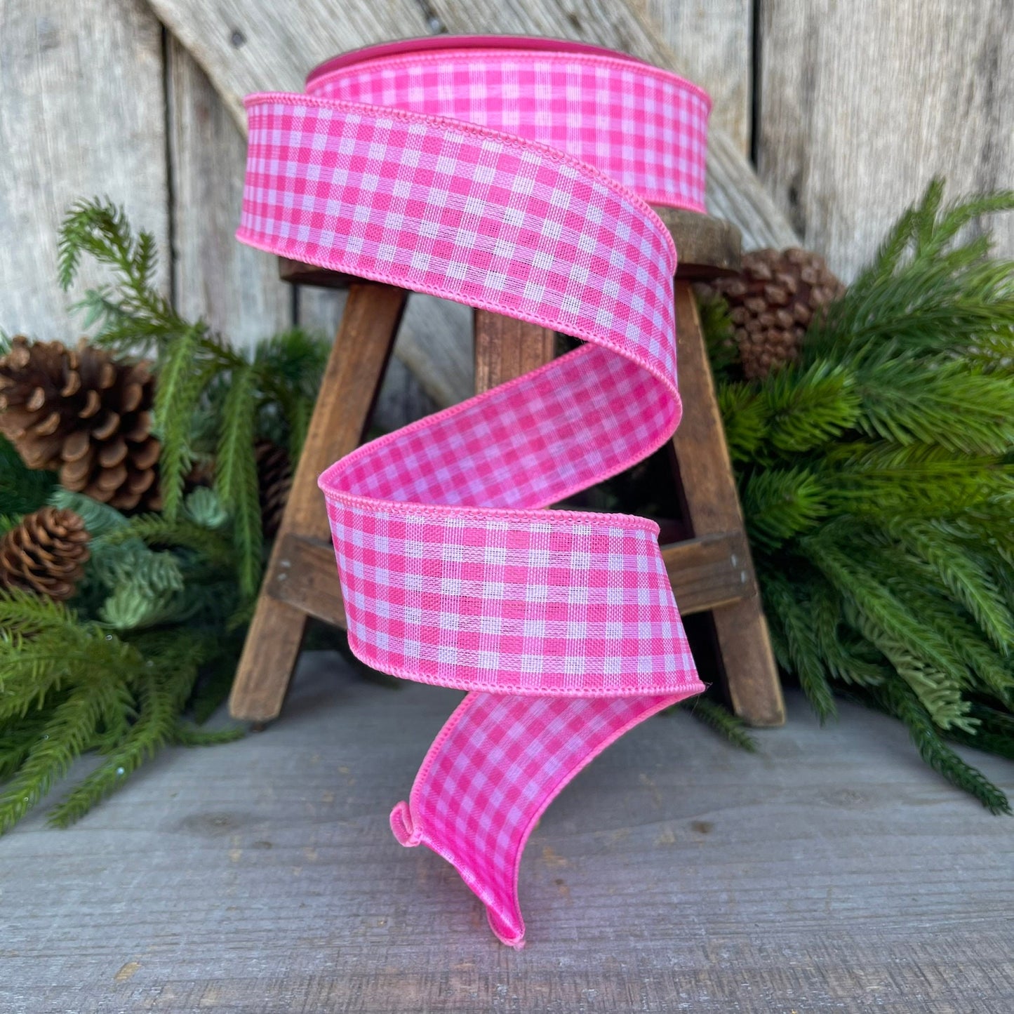 1.5" Bubblegum Pink Gingham Ribbon, Farrisilk Ribbon