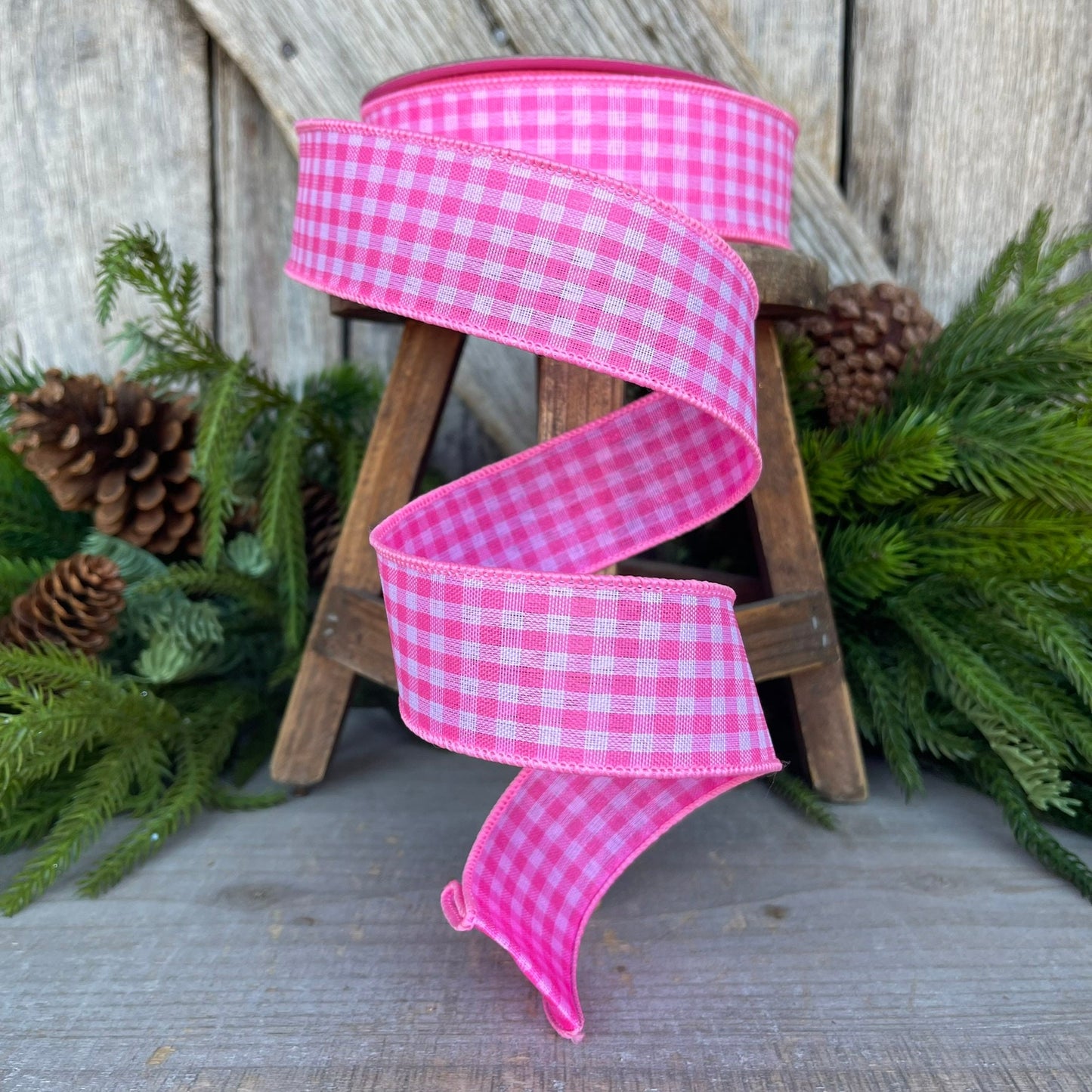 1.5" Bubblegum Pink Gingham Ribbon, Farrisilk Ribbon