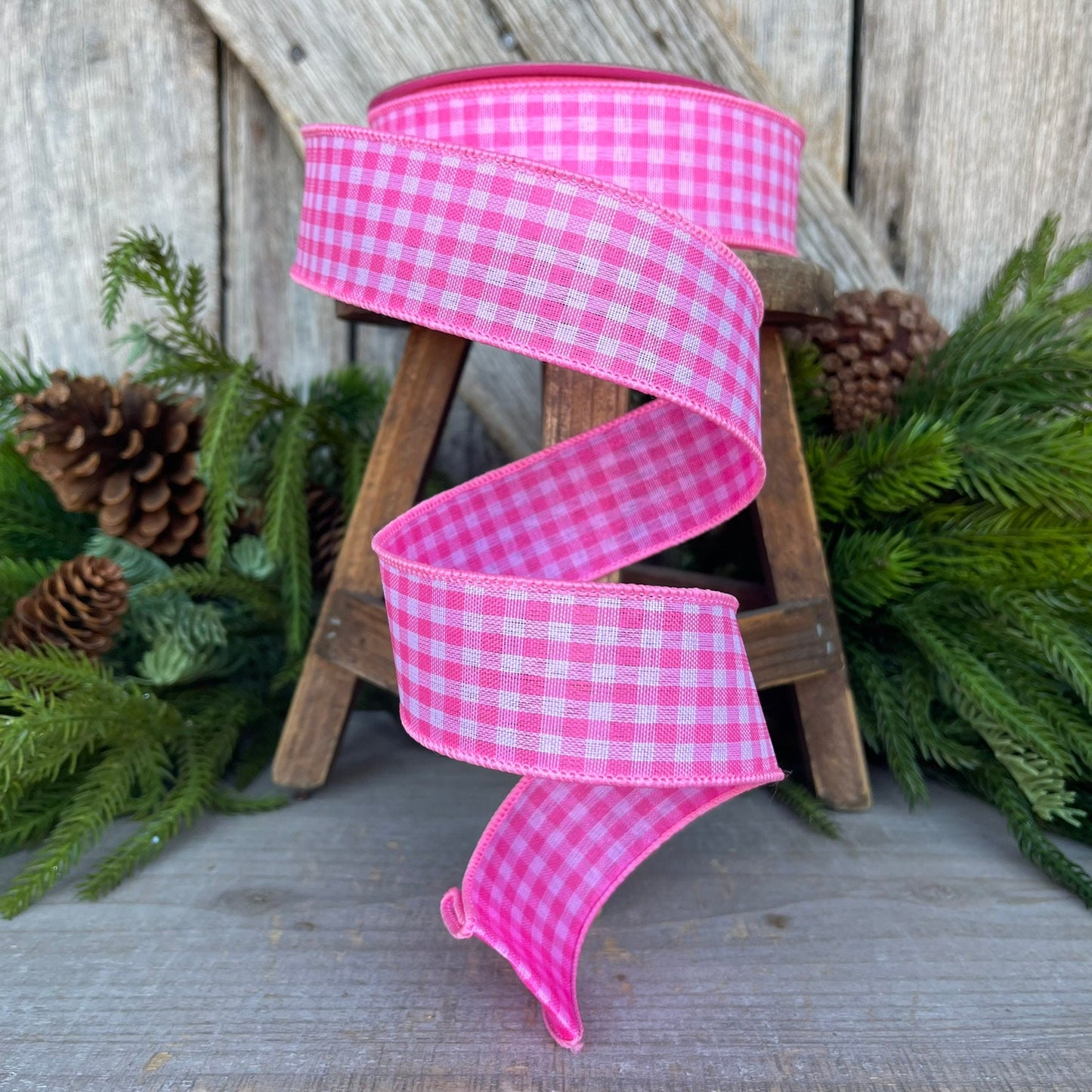 1.5" Bubblegum Pink Gingham Ribbon, Farrisilk Ribbon