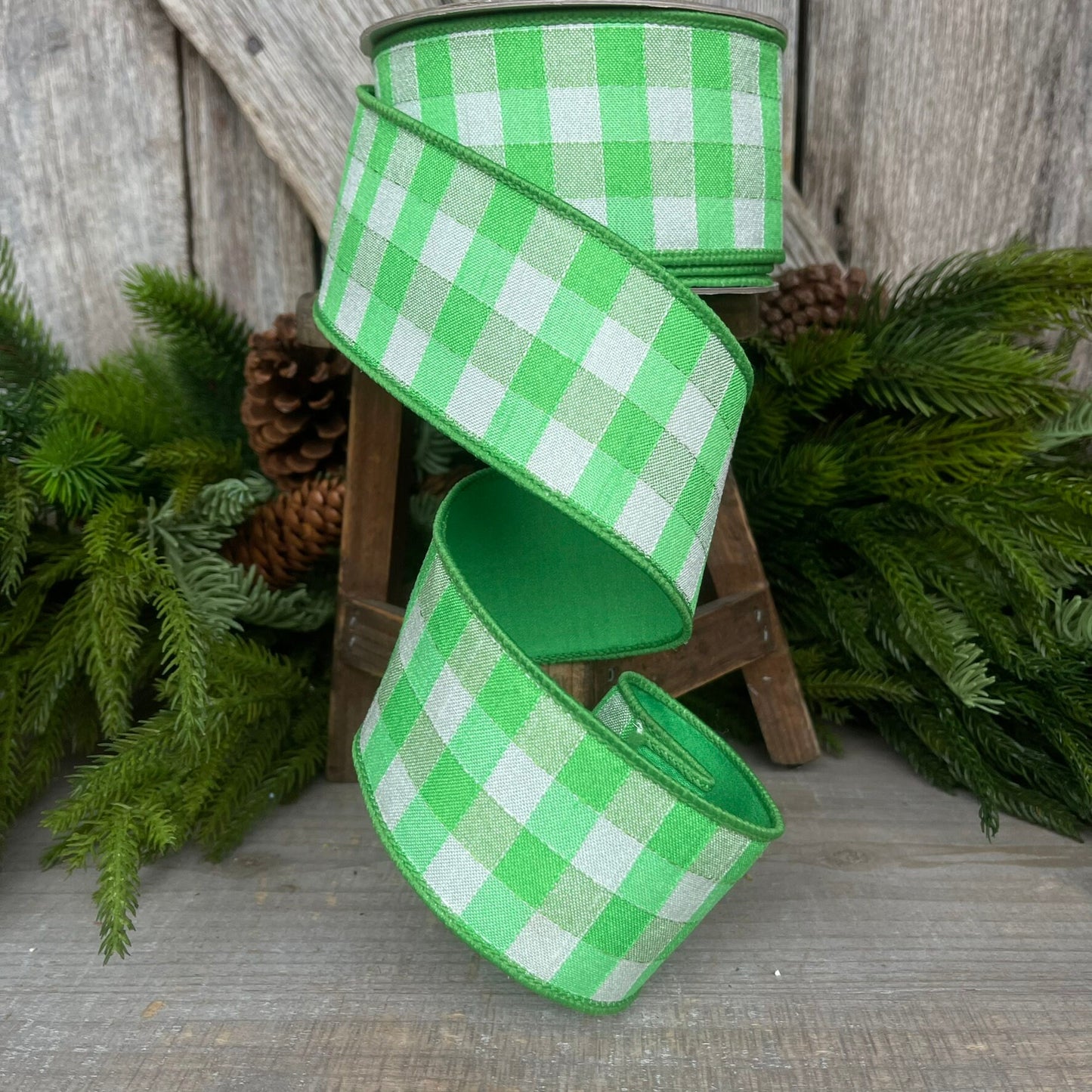 2.5" Green Plaid Stitchery Ribbon, Farrisilk Ribbon