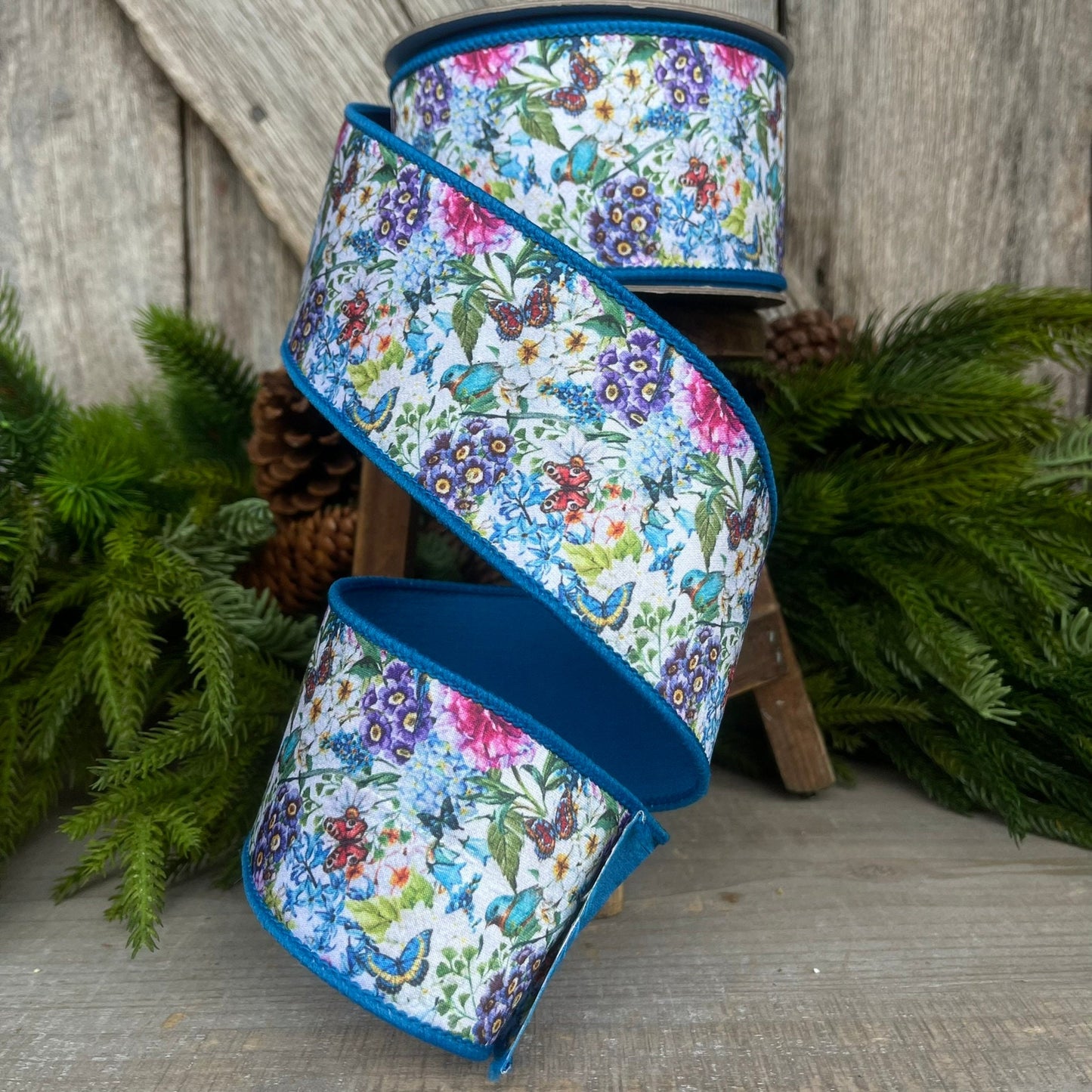 2.5" Blue Floral Garden Ribbon, Farrisilk Ribbon, Spring Ribbon