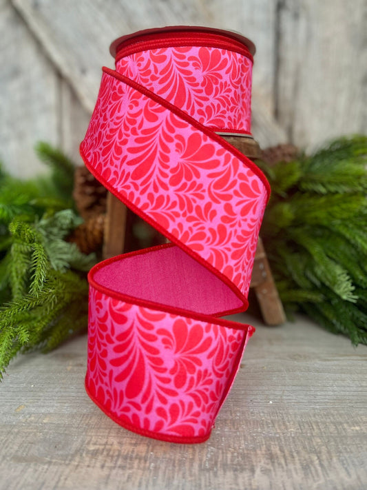 2.5" Red Pink Mod Paisley Ribbon, Farrisilk Ribbon, Spring Ribbon