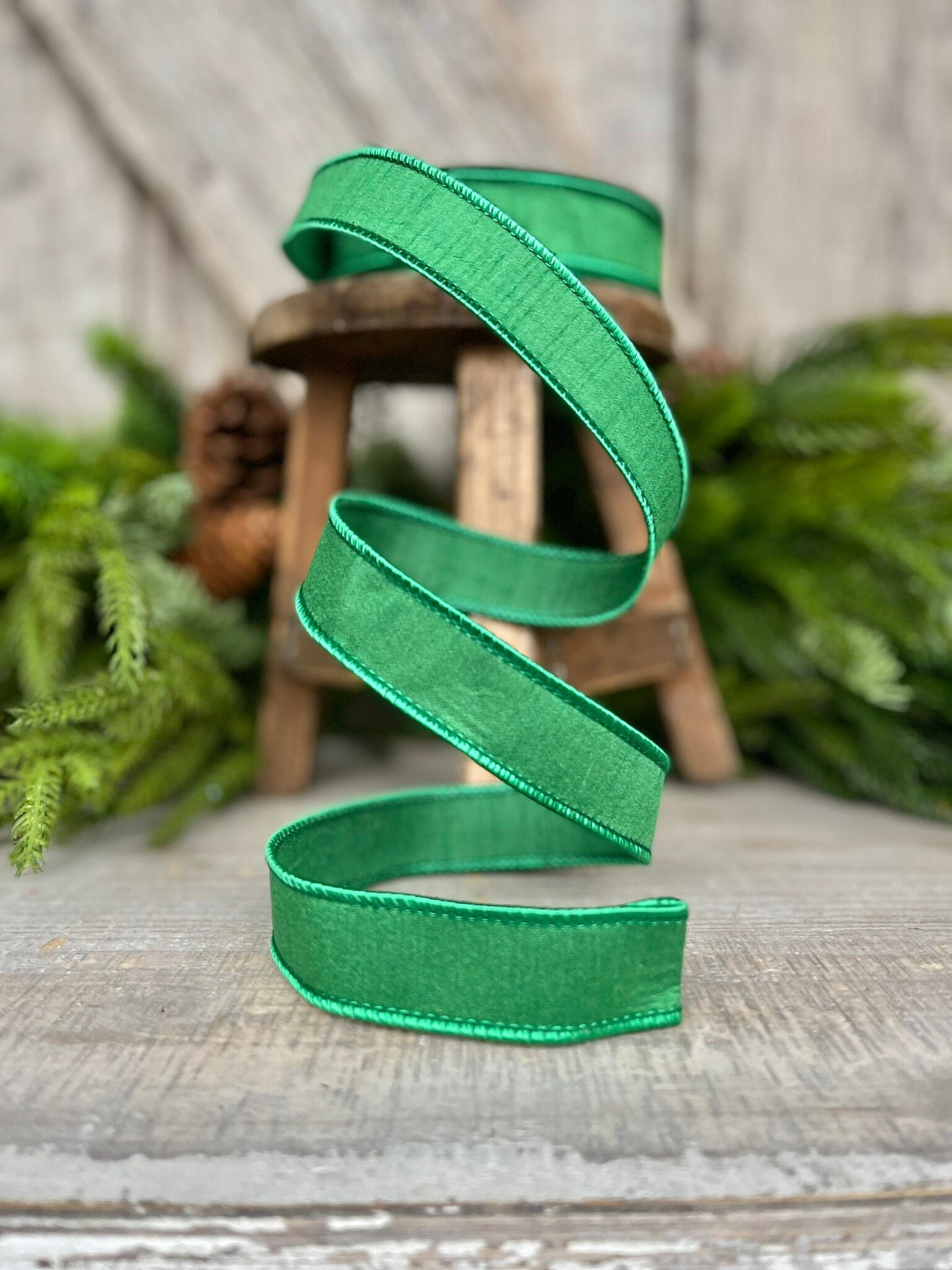 1" Emerald Green Dupion Ribbon, Farrisilk Ribbon, Wired Ribbon
