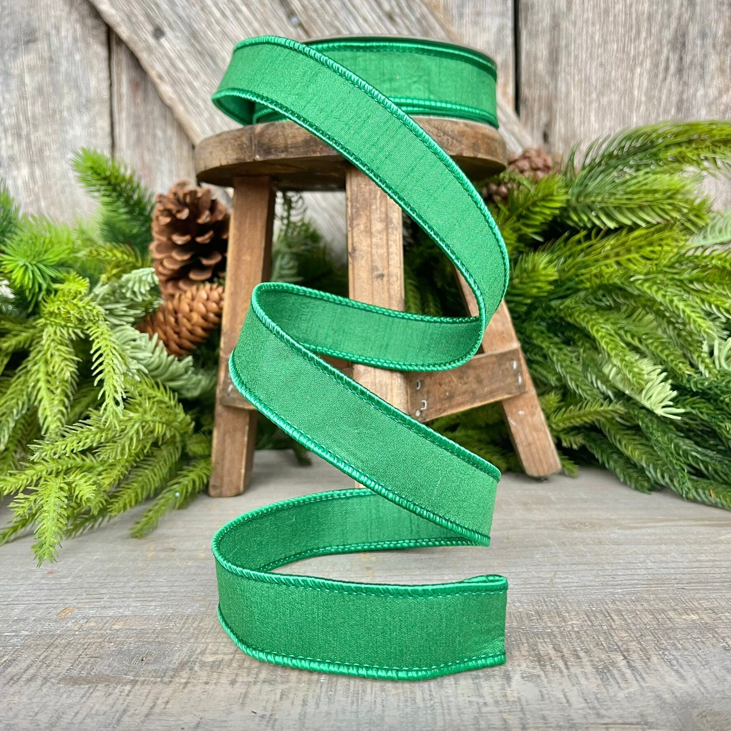 1" Emerald Green Dupion Ribbon, Farrisilk Ribbon, Wired Ribbon