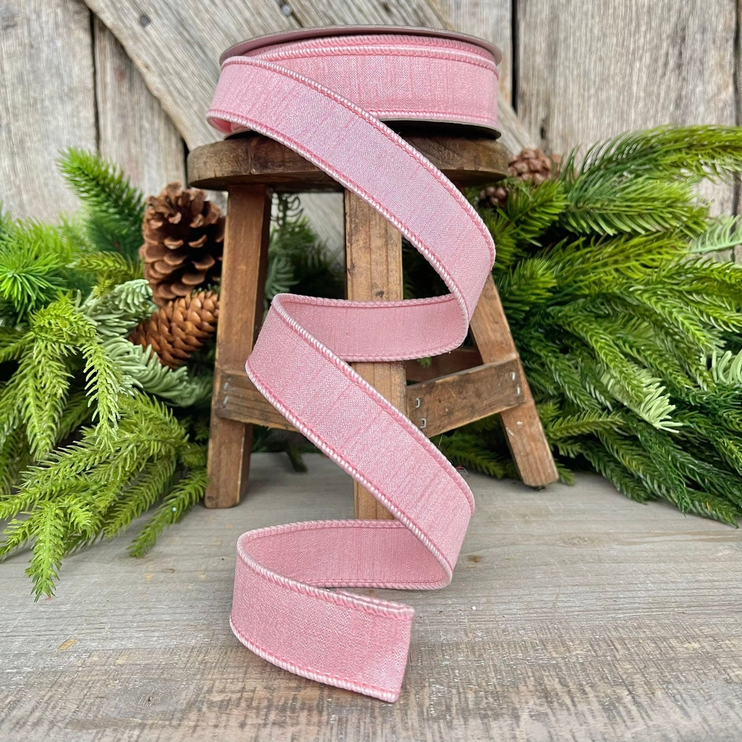 1” Rose Pink Dupion Ribbon, Farrisilk ribbon, wired ribbon