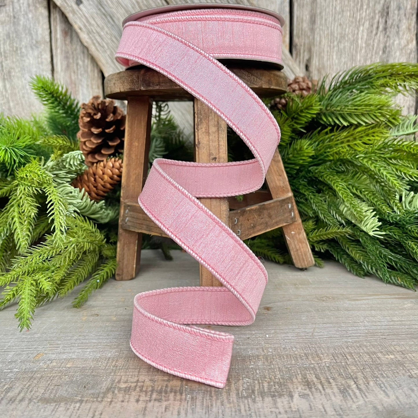 1” Rose Pink Dupion Ribbon, Farrisilk ribbon, wired ribbon