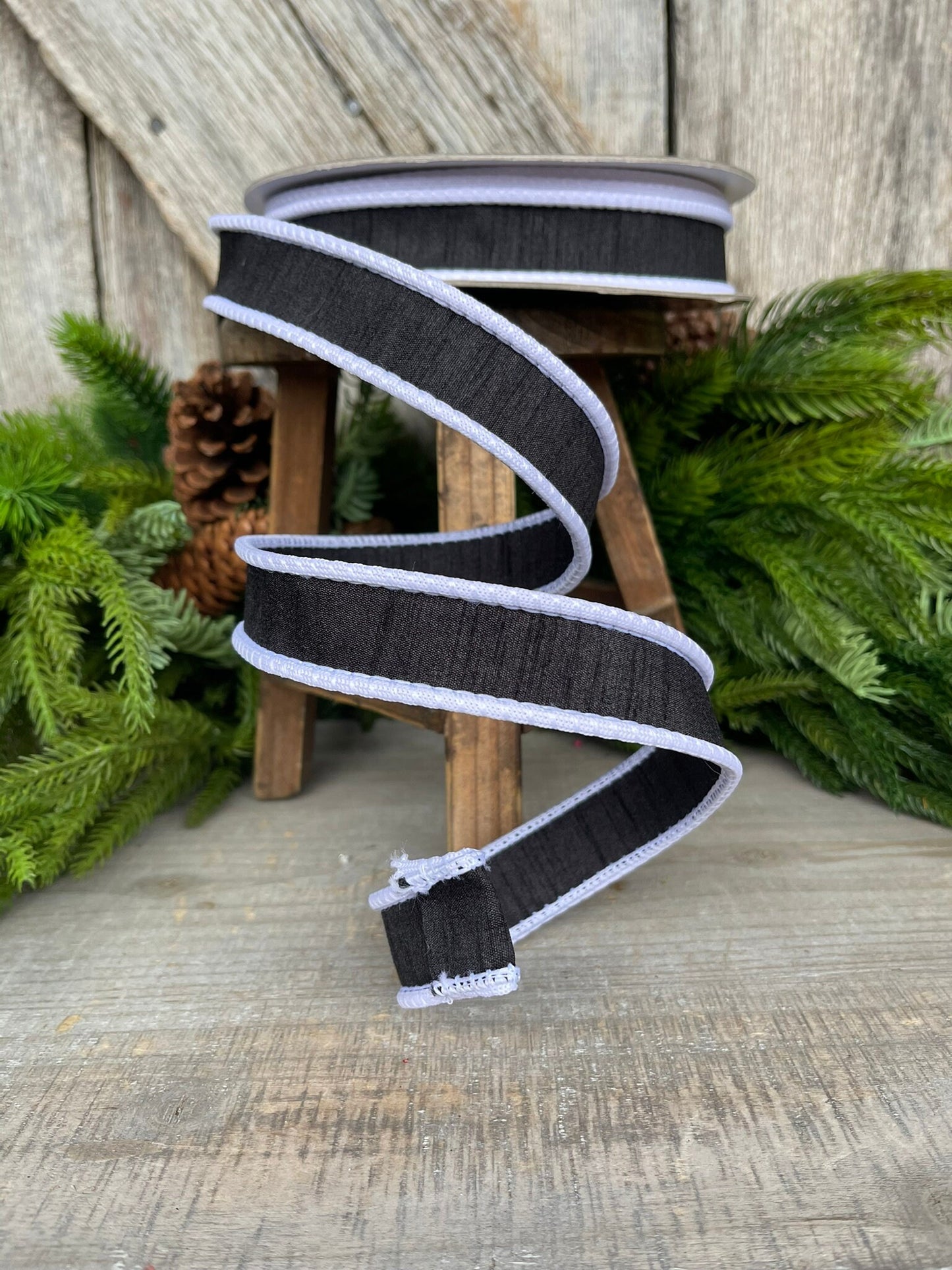 1" Black White Corded Ribbon, Farrisilk Ribbon, Wired Ribbon