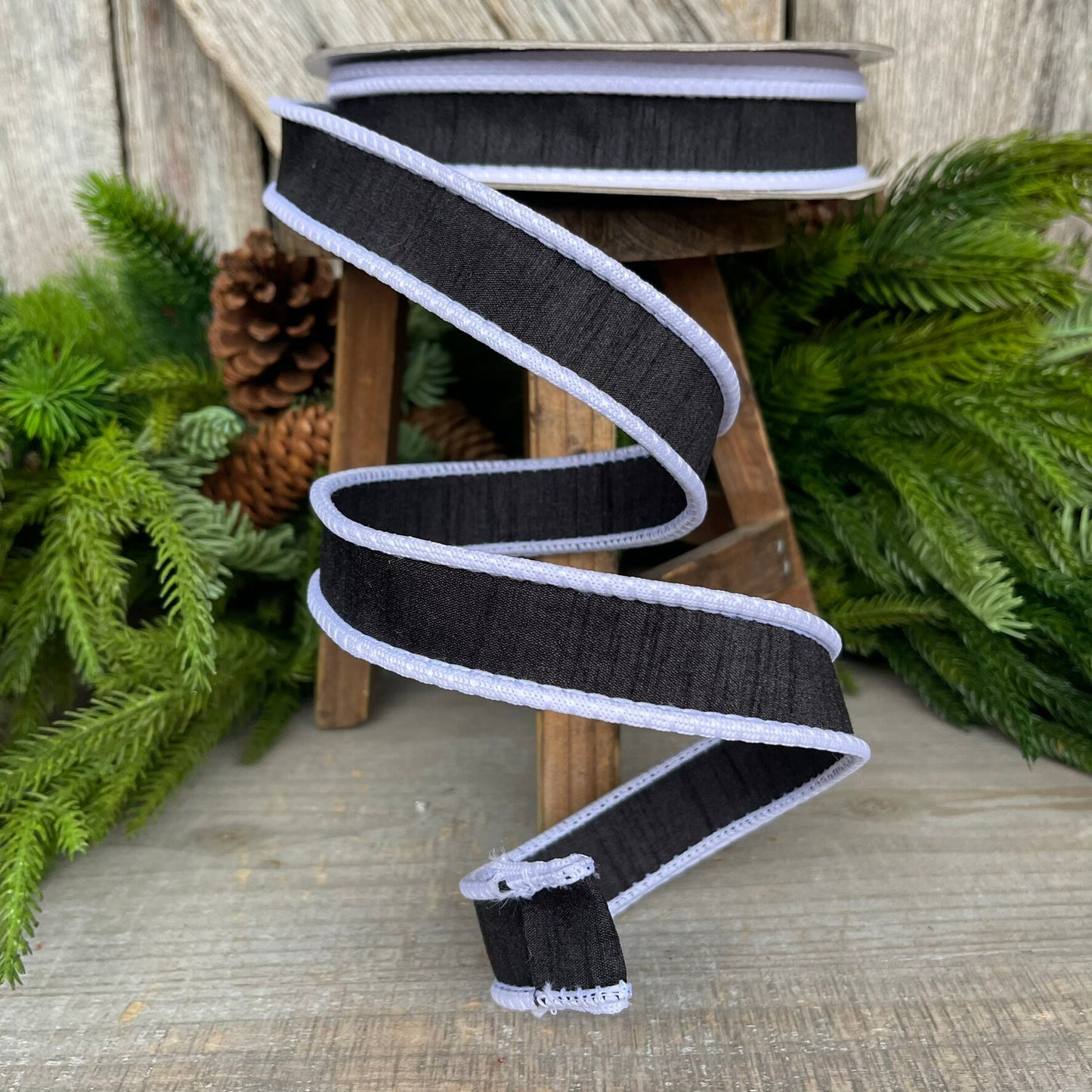 1" Black White Corded Ribbon, Farrisilk Ribbon, Wired Ribbon