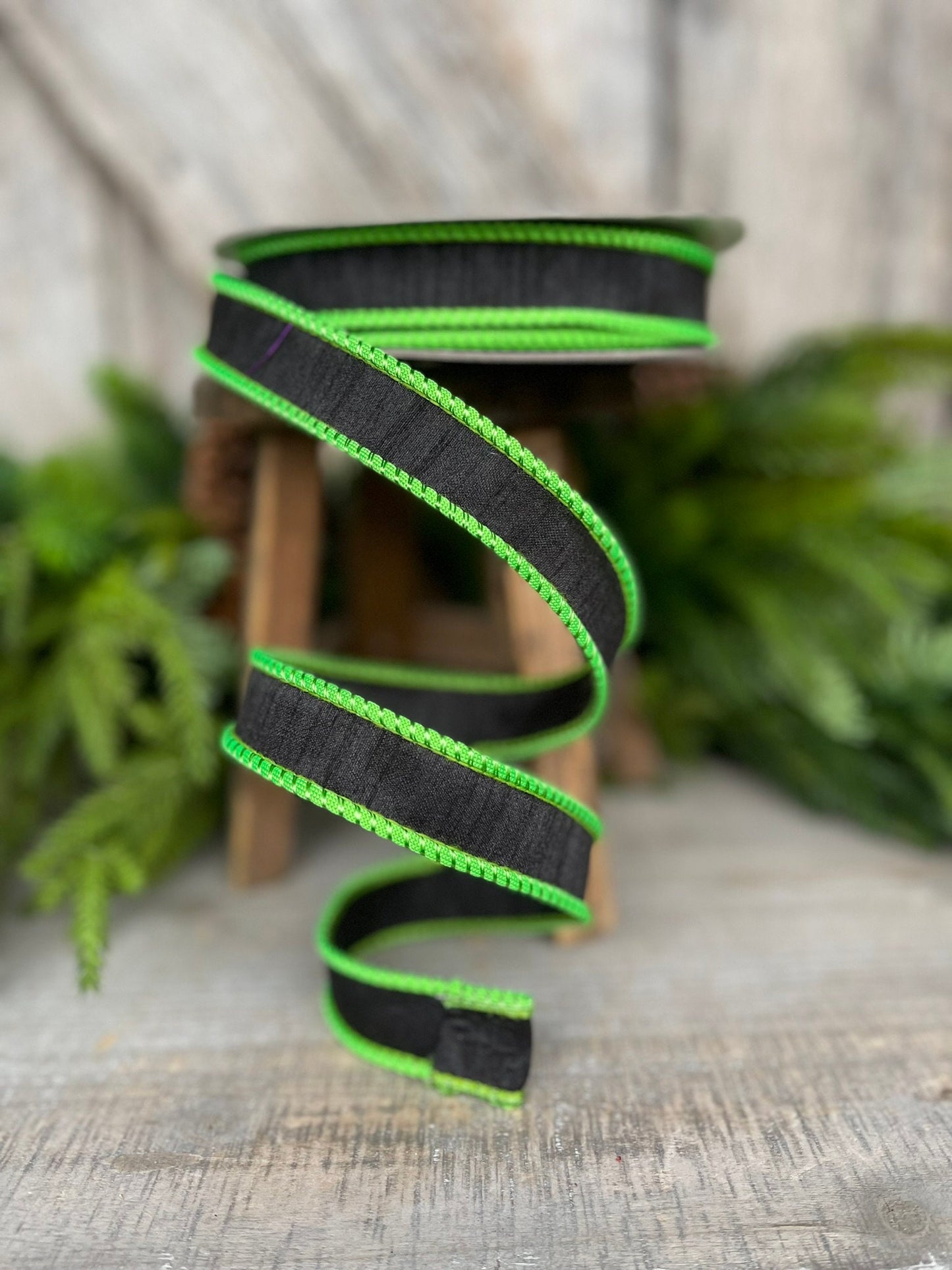 1" Black Lime Green Corded Ribbon, Farrisilk Ribbon, Wired Ribbon