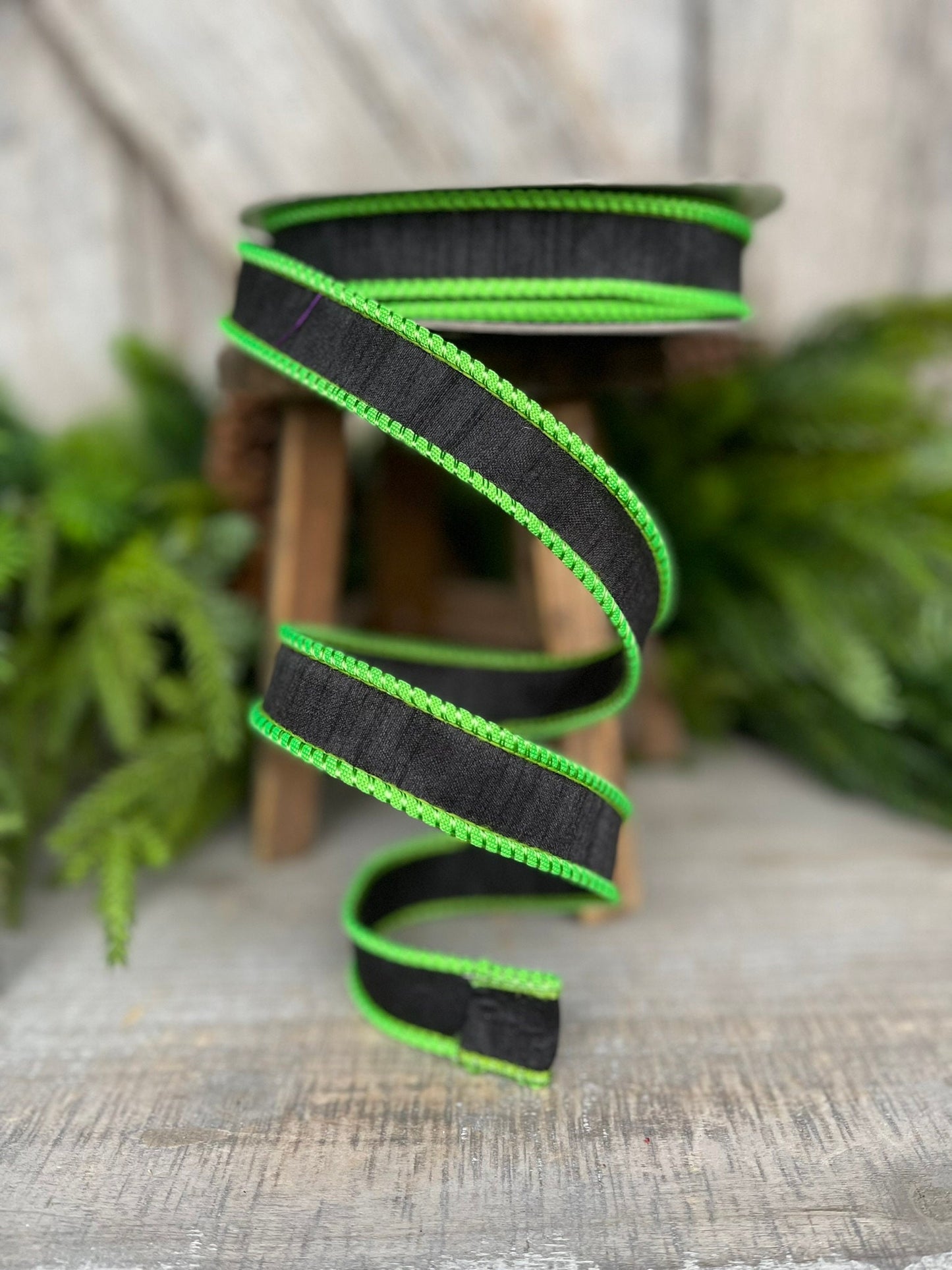 1" Black Lime Green Corded Ribbon, Farrisilk Ribbon, Wired Ribbon