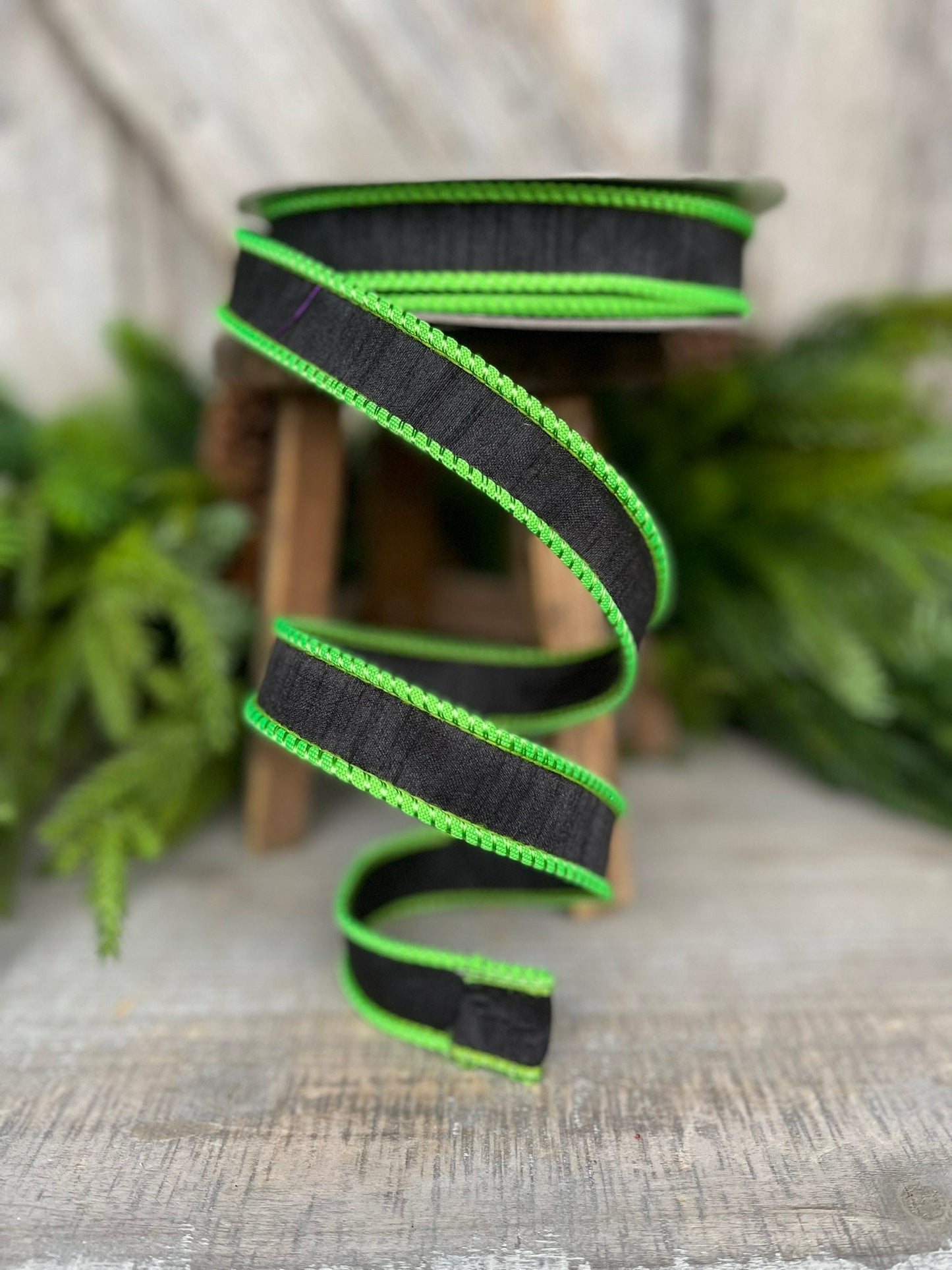 1" Black Lime Green Corded Ribbon, Farrisilk Ribbon, Wired Ribbon