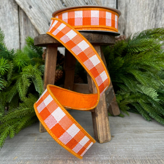1" Orange White Check Ribbon, Farrisilk Ribbon, Easter Ribbon