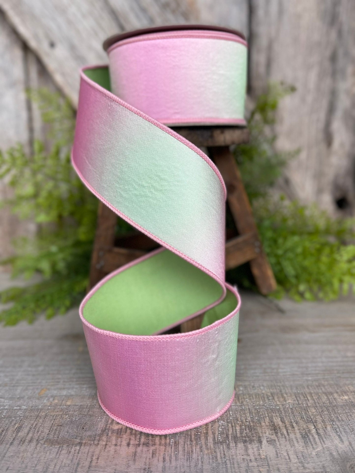 2.5" Pink Green Prismatic Ribbon, Farrisilk RIbbon, Pink Wired RIbbon