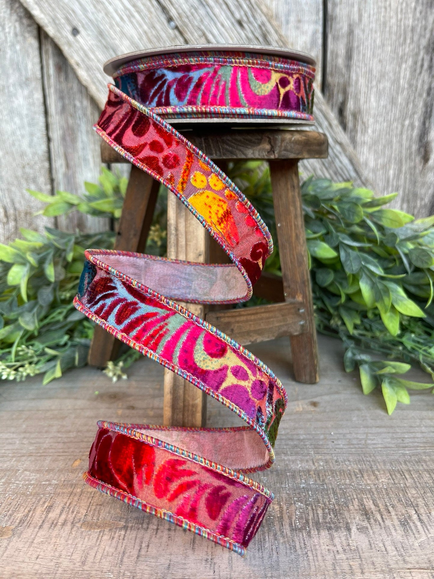 1" Rainbow Velvet Floral Ribbon, Farrisilk Ribbon, Far Out Floral