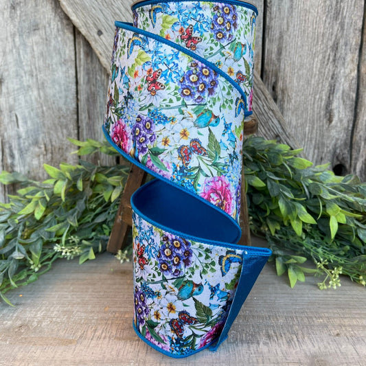 4" Blue Floral Garden Ribbon, Farrisilk Ribbon, Spring Ribbon