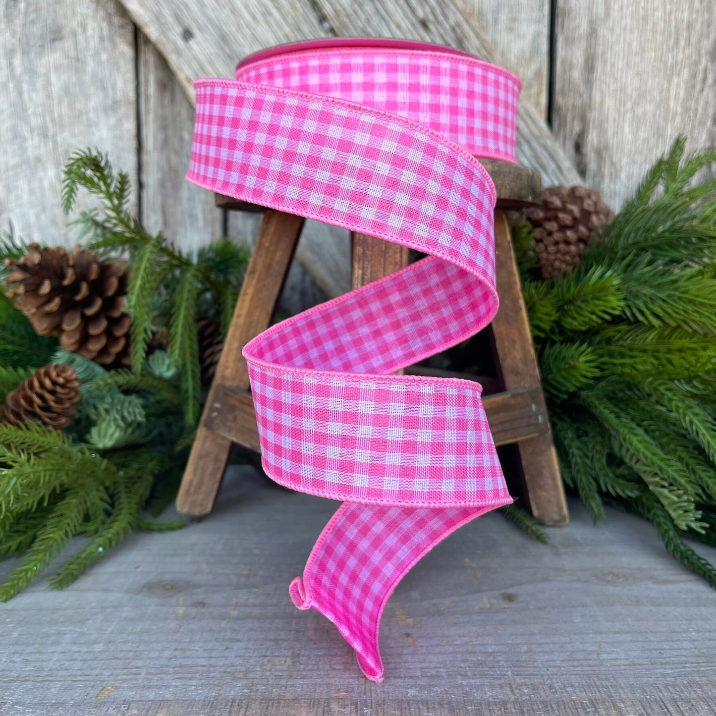 1.5" Bubblegum Pink Gingham Ribbon, Farrisilk Ribbon