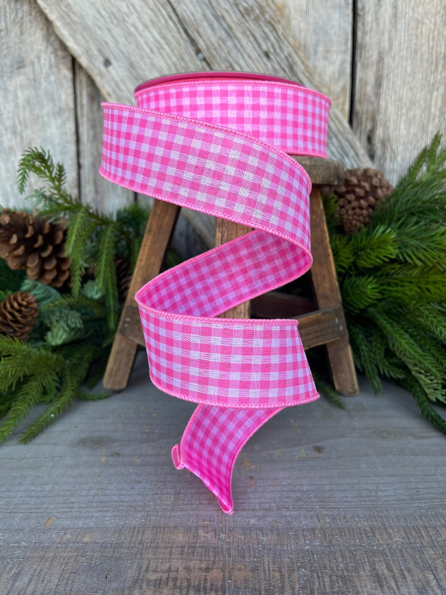 1.5" Bubblegum Pink Gingham Ribbon, Farrisilk Ribbon