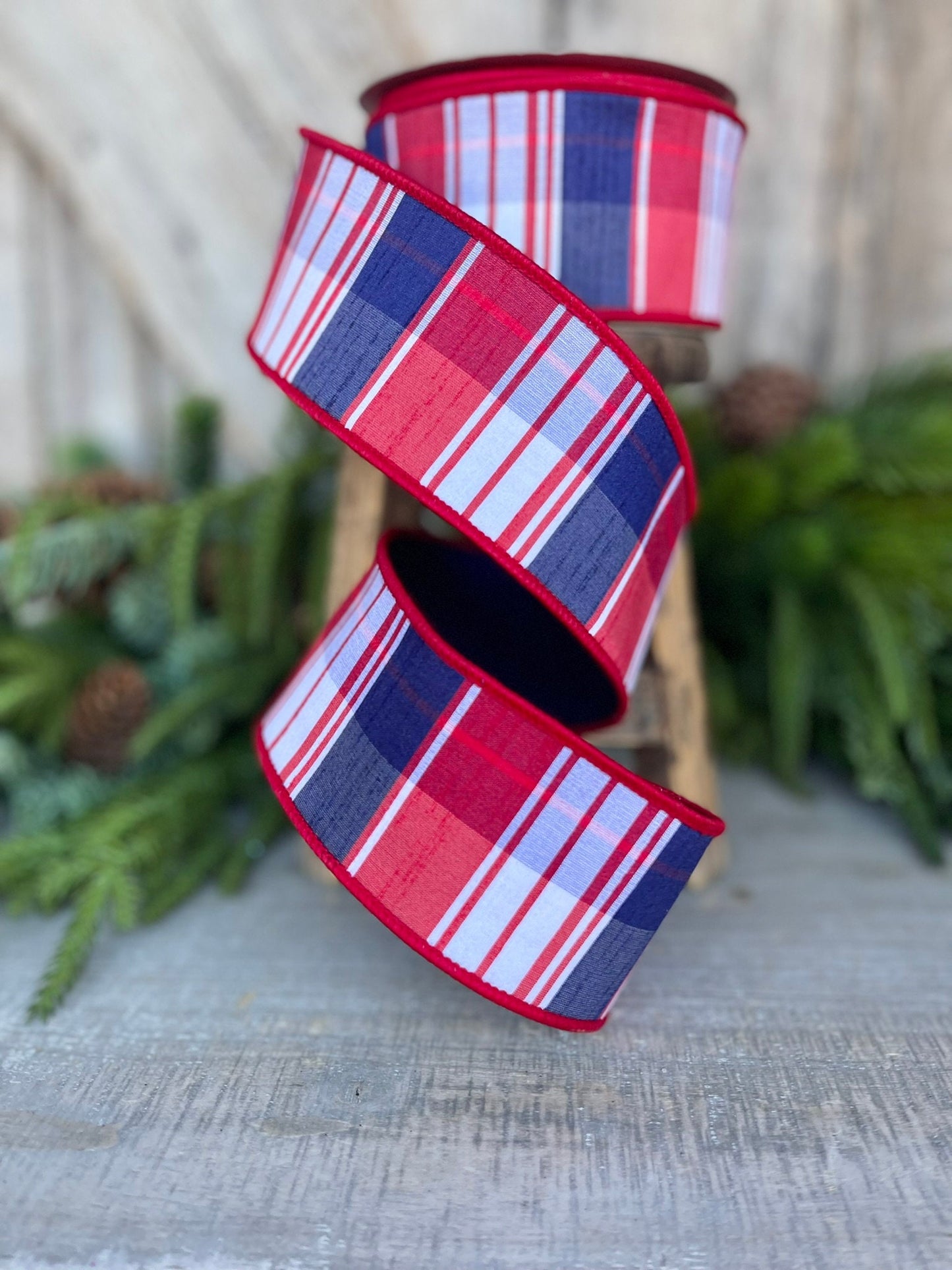2.5" Patriotic Plaid Ribbon, Farrisilk Ribbon,Hampton Plaid, Red White Blue Plaid RIbbon