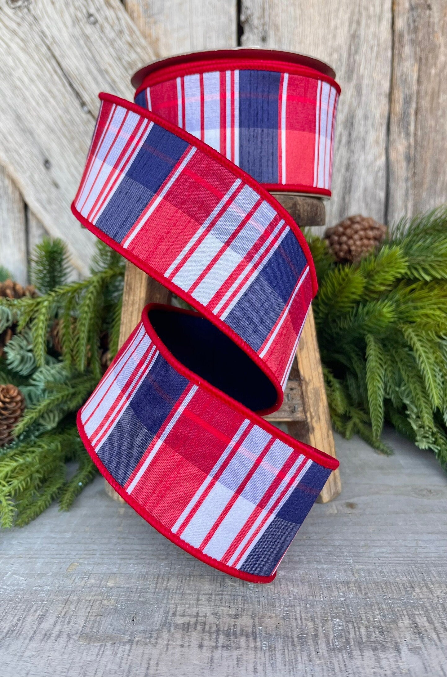 2.5" Patriotic Plaid Ribbon, Farrisilk Ribbon,Hampton Plaid, Red White Blue Plaid RIbbon