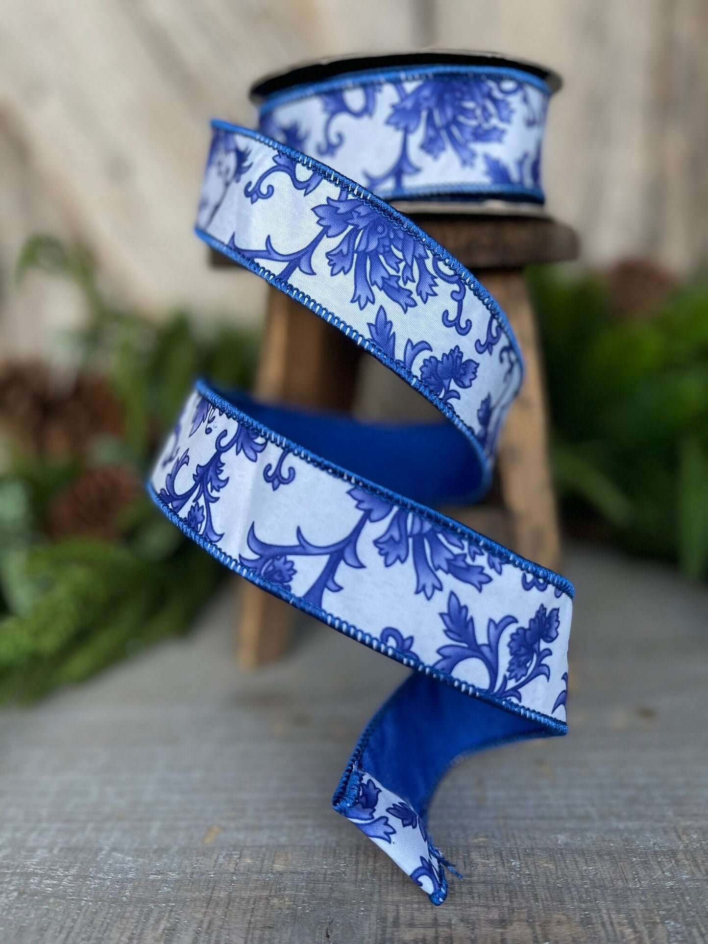 1.5" Blue Chinoiserie Ribbon, Blue and White Chinoiserie Ribbon, Wired RIbbon