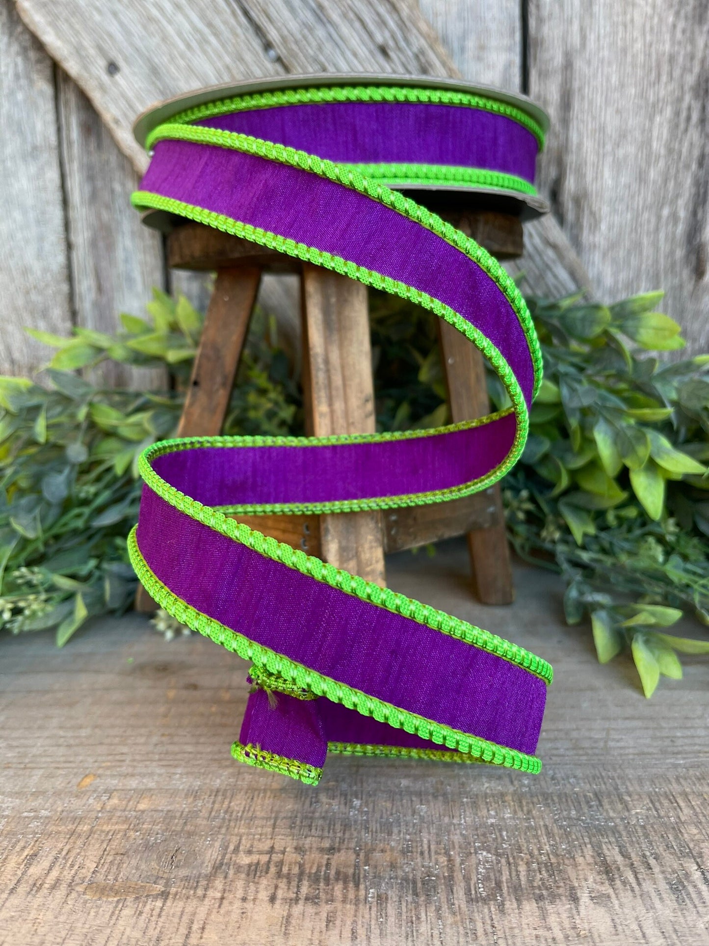 1" Purple Lime Green Corded Ribbon, Farrisilk Ribbon, Wired Ribbon
