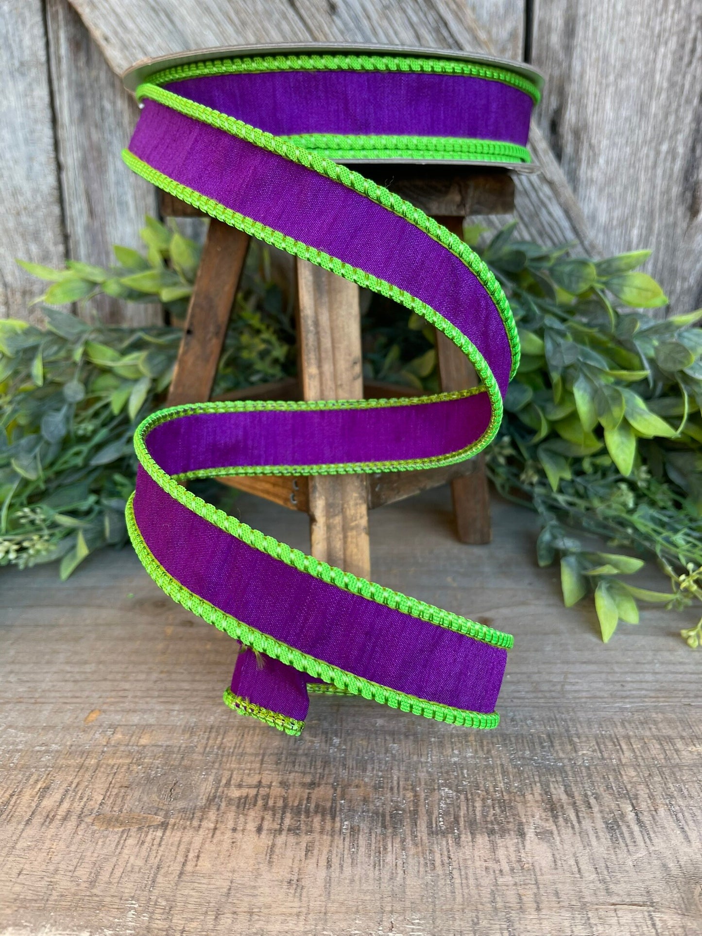 1" Purple Lime Green Corded Ribbon, Farrisilk Ribbon, Wired Ribbon