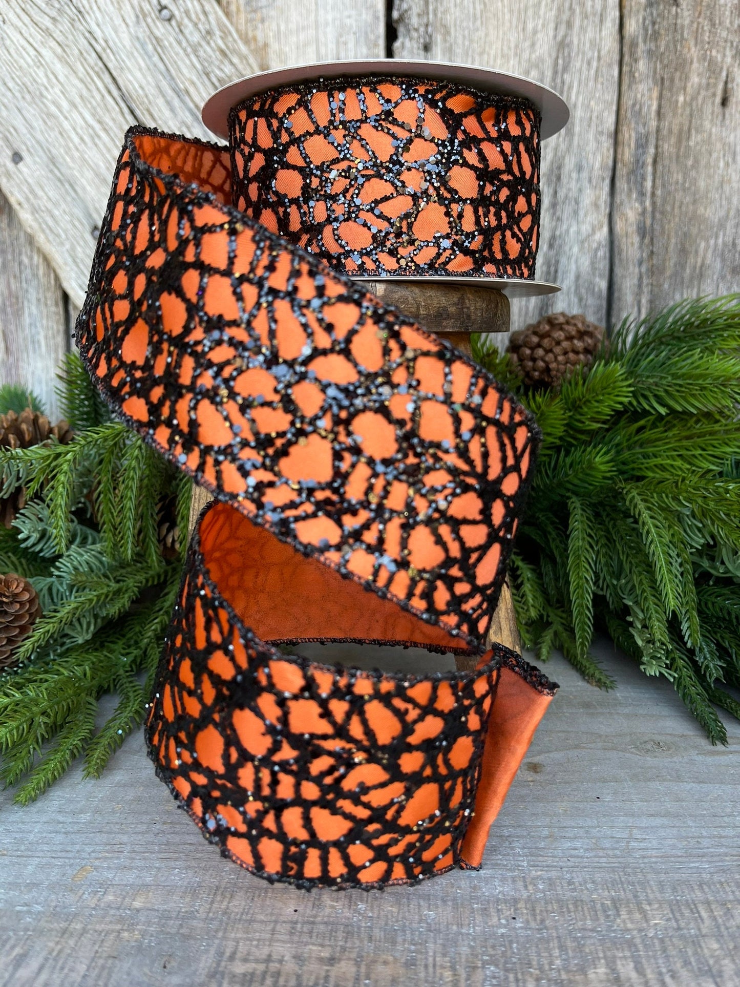 2.5" Orange Black Glitzy Web Ribbon, Farrisilk Ribbon, Halloween RIbbon