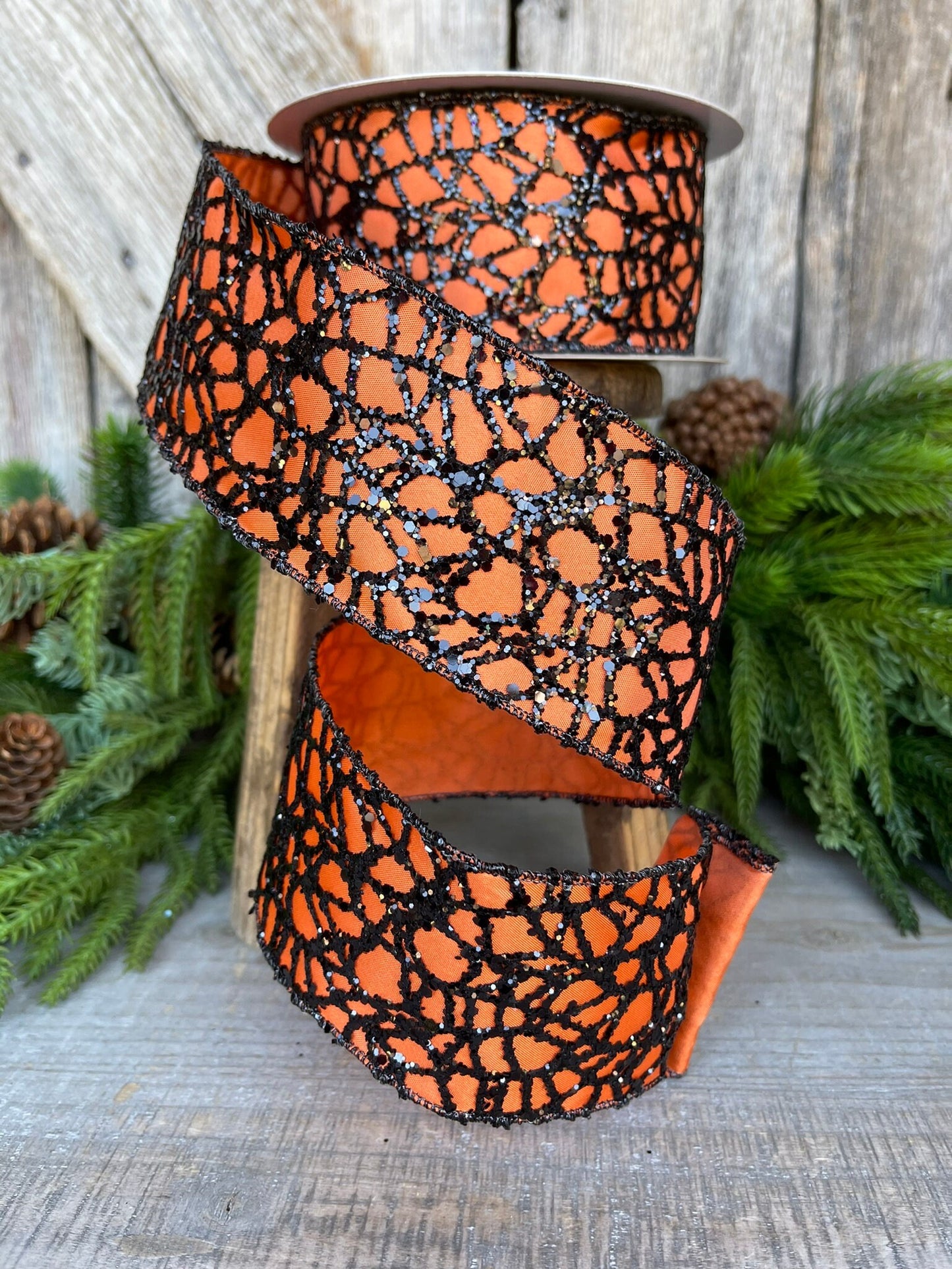 2.5" Orange Black Glitzy Web Ribbon, Farrisilk Ribbon, Halloween RIbbon
