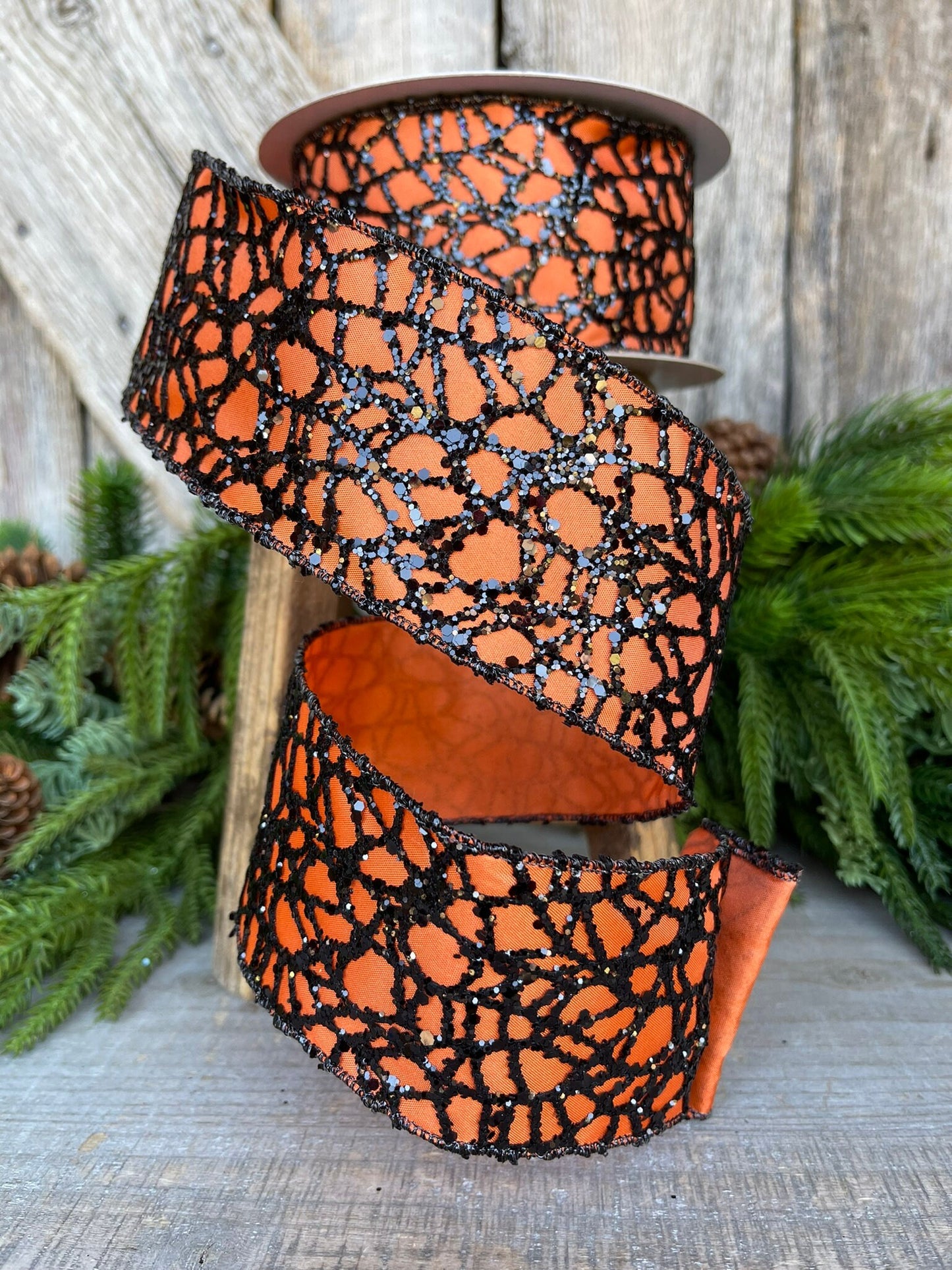 2.5" Orange Black Glitzy Web Ribbon, Farrisilk Ribbon, Halloween RIbbon