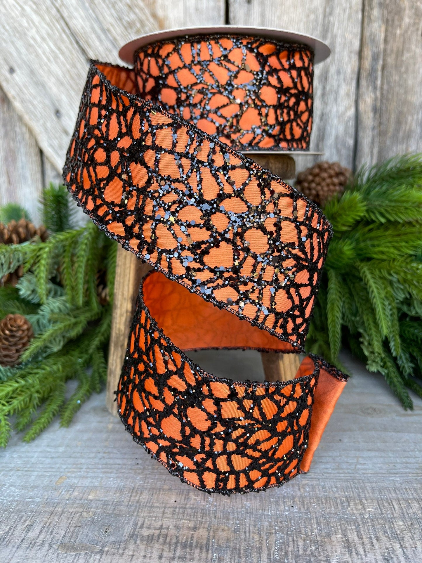 2.5" Orange Black Glitzy Web Ribbon, Farrisilk Ribbon, Halloween RIbbon