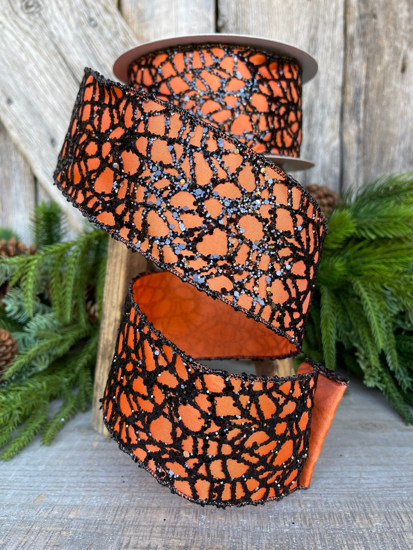 2.5" Orange Black Glitzy Web Ribbon, Farrisilk Ribbon, Halloween RIbbon